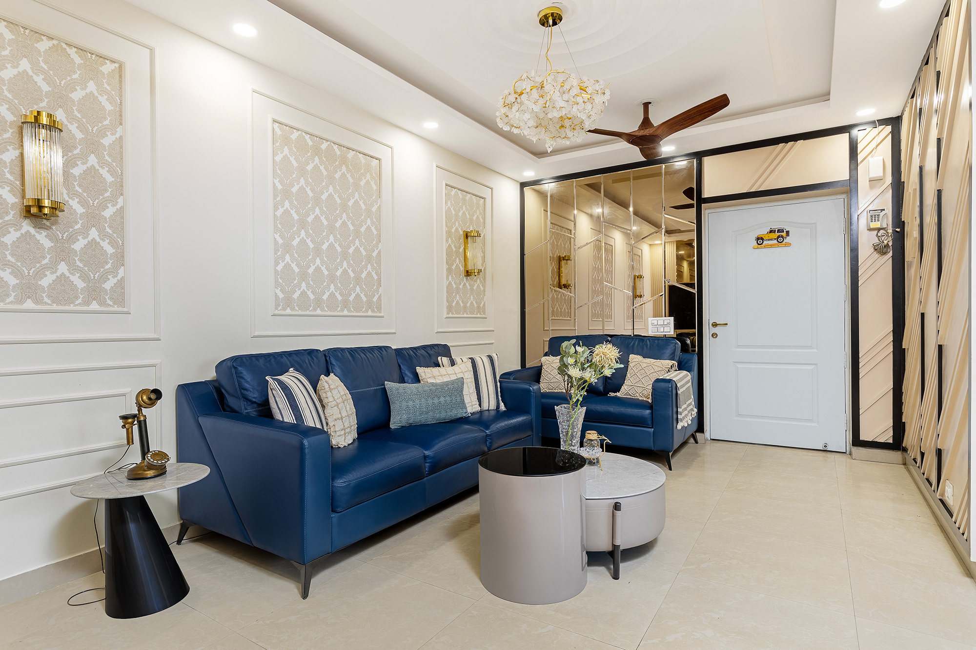 Living Room Design with Classic Blue Leather Sofas and Marble Table ...