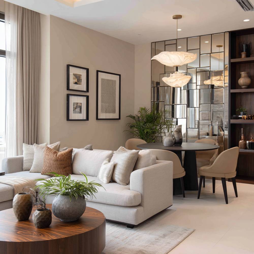 Space Saving Design with Round Dining Table, Built-In Storage and Sofa ...