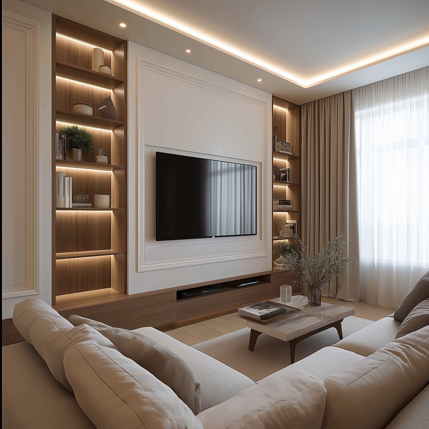 Space-Saving Living Room Design With Backlit Shelves, Built-In TV Unit ...