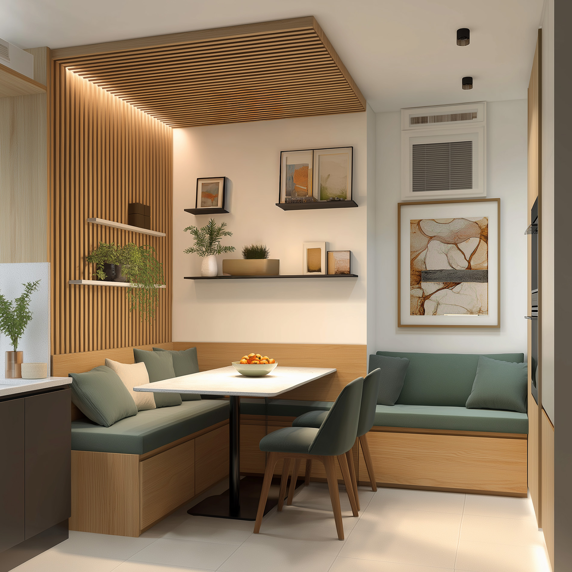 Space-Saving Dining Room Design Featuring Floating Shelves and Hidden ...