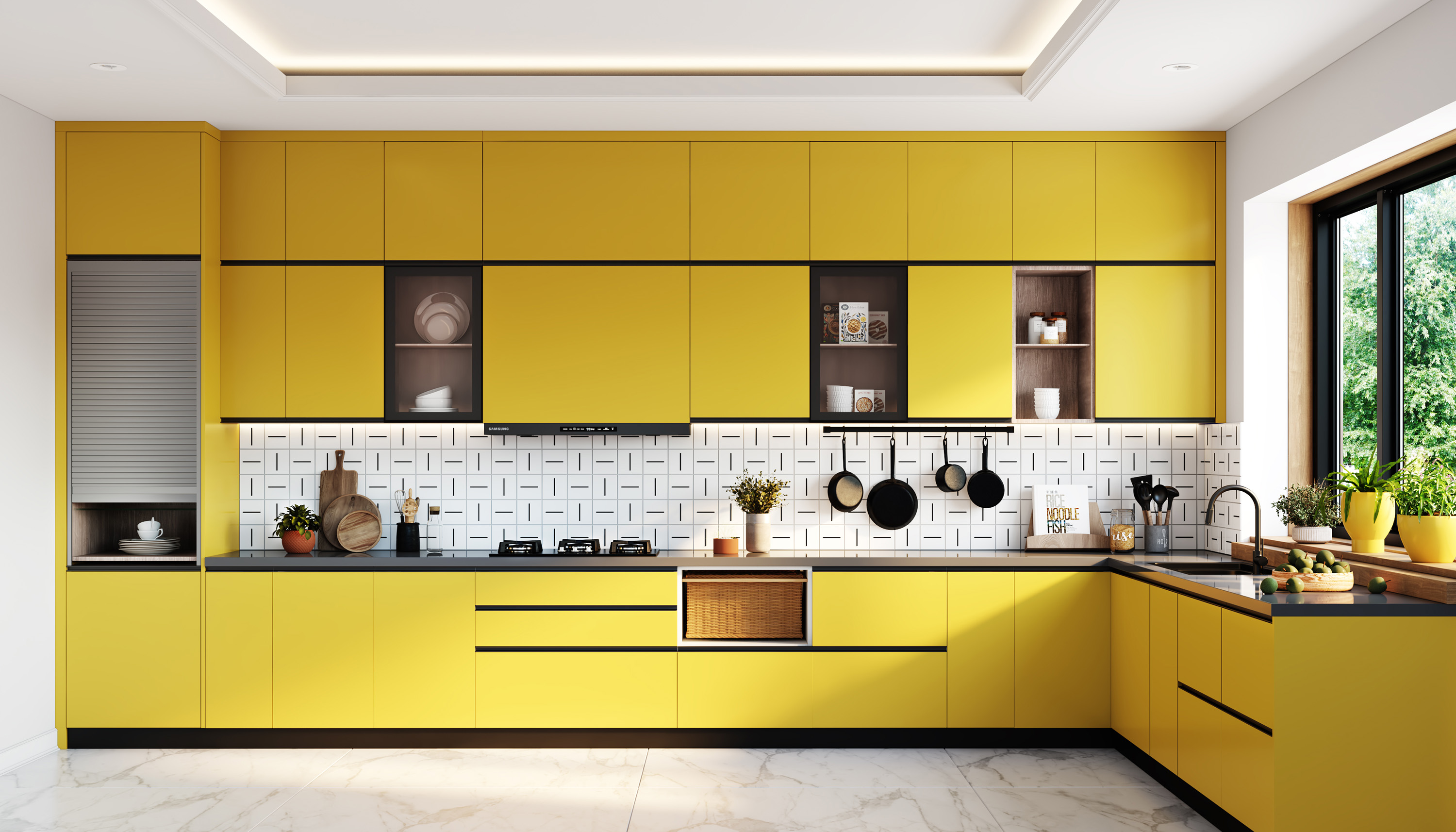 Matte Finish White and Black Kitchen Tile Design with Square Geometric ...