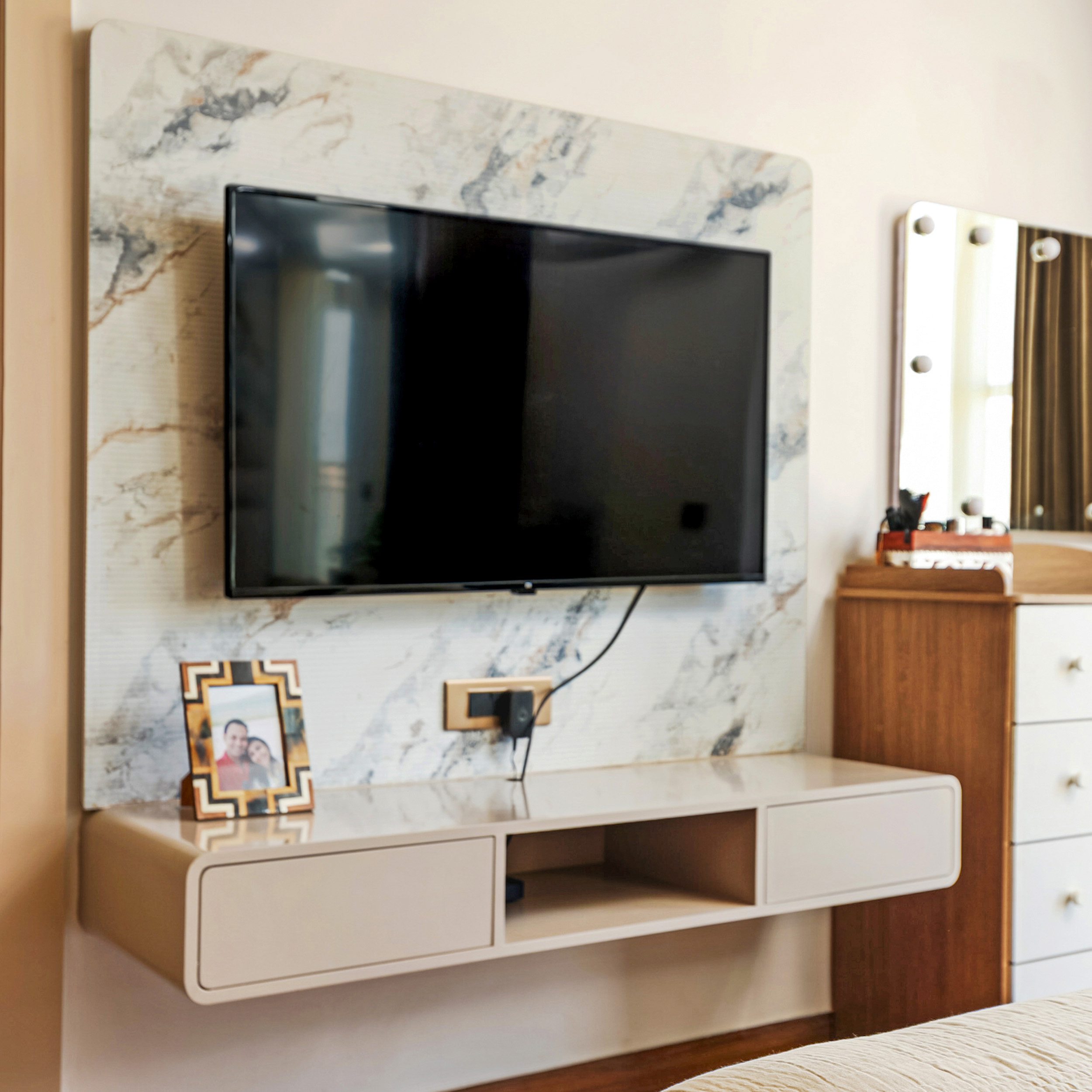 Beige Minimal Floating TV Unit Design with Marble Backdrop and Open ...