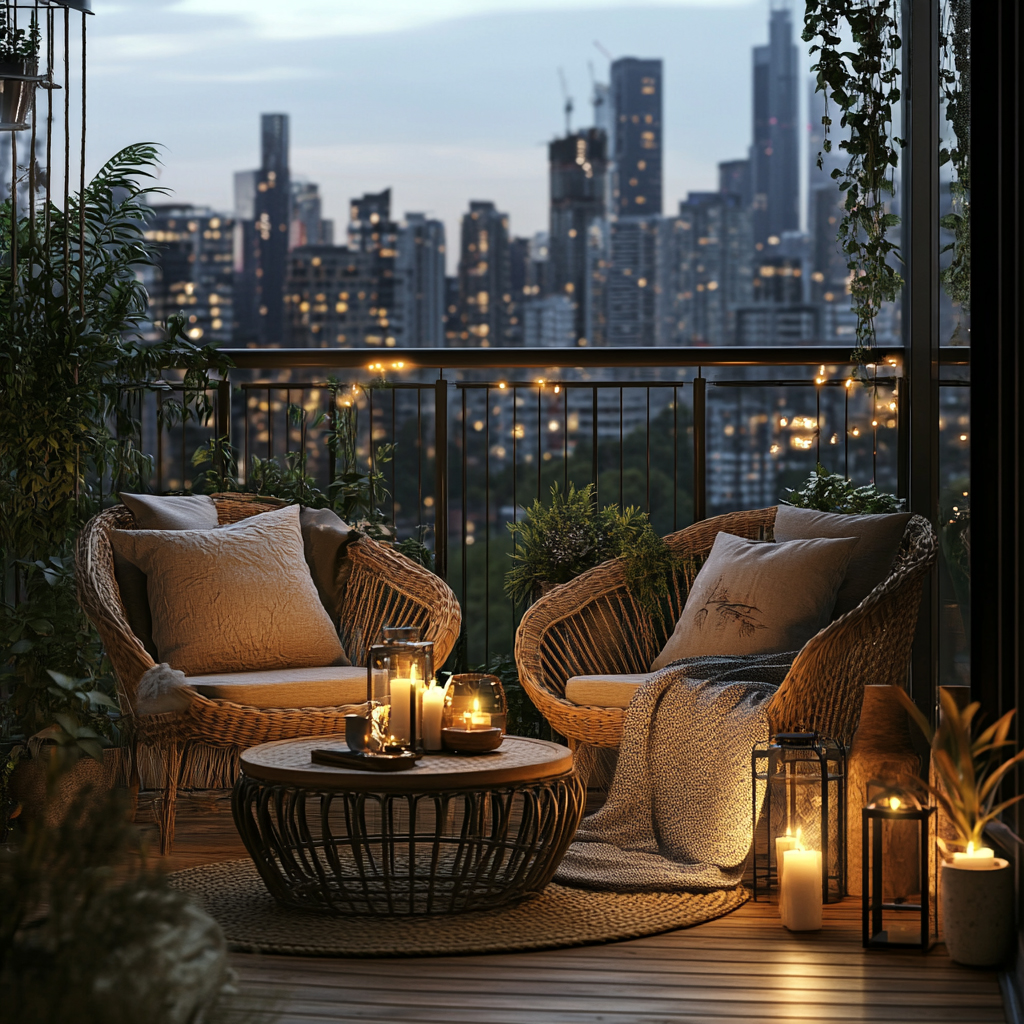 Balcony Design in Industrial Style with Woven Metal Coffee Table and ...