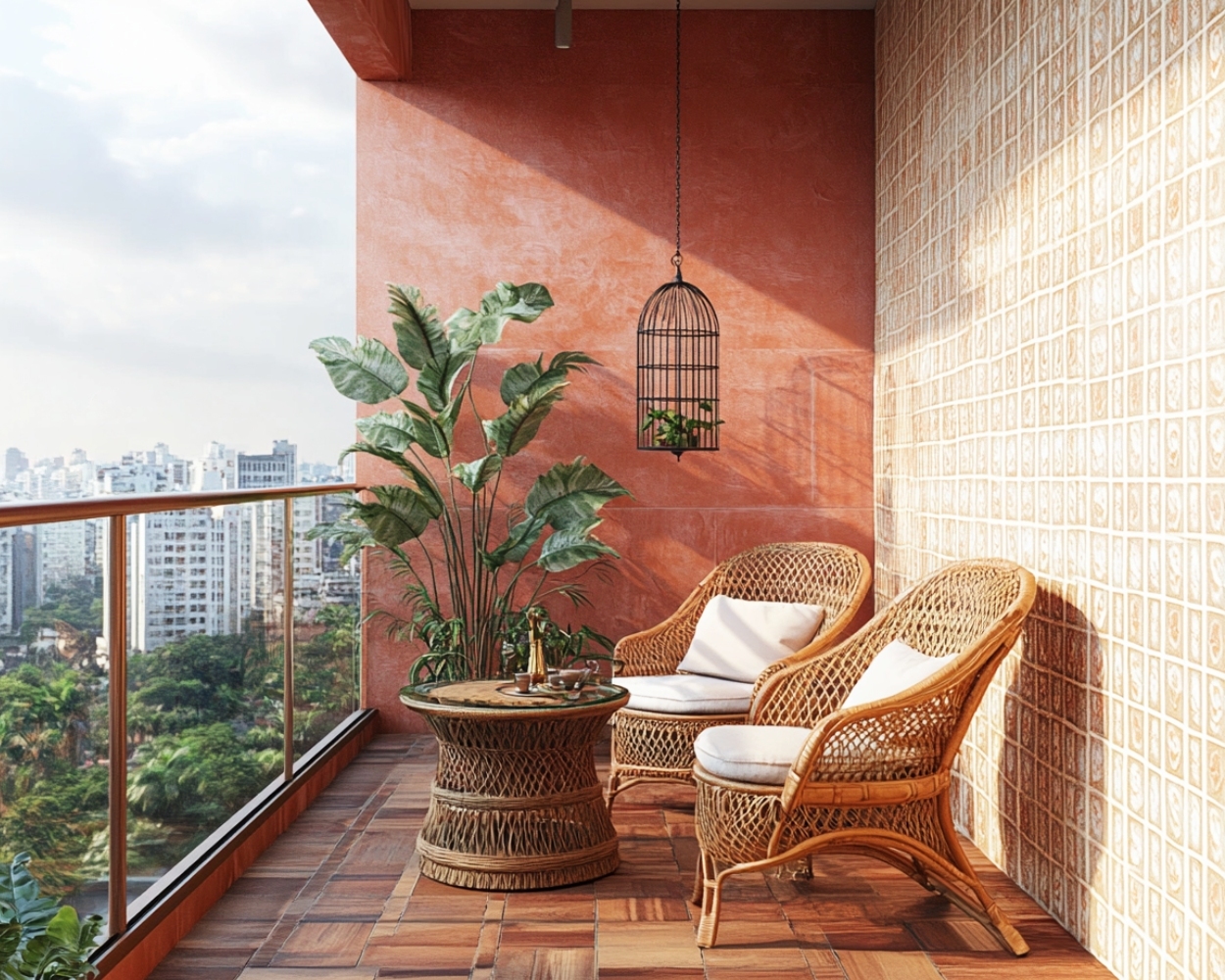 Balcony Design with Indian Traditional Geometric Tile Patterns, Wooden ...