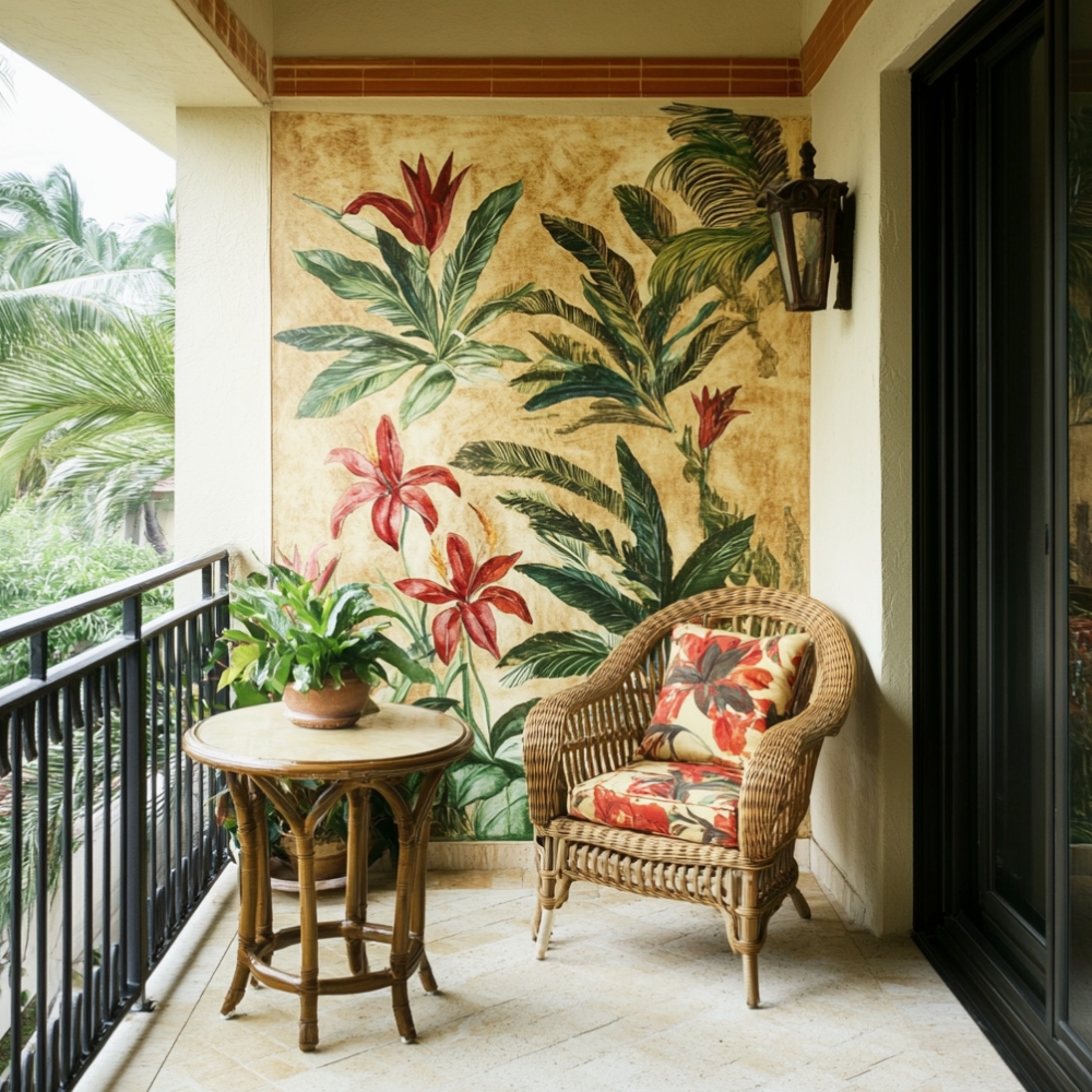 Balcony Design with Tropical Textured, Hand-Painted Mural Wallpaper and ... - Tropical Textured Decor For Small Space