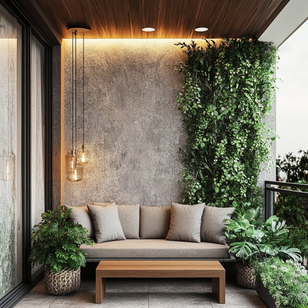 Balcony Design with Modern Textured Wall, Wood Ceiling and Natural ...