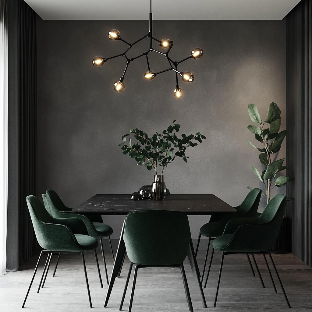 6-Seater Modern Dining Room Design with Black Marble Table and Velvet ...