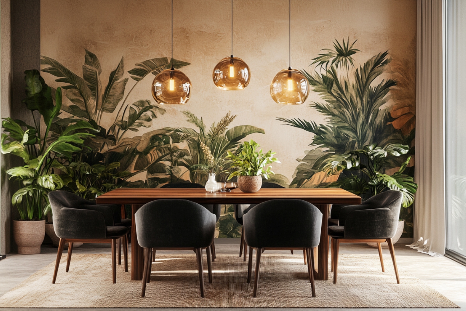 6-Seater Tropical-Themed Dining Room Design with Wooden Table and Black ...