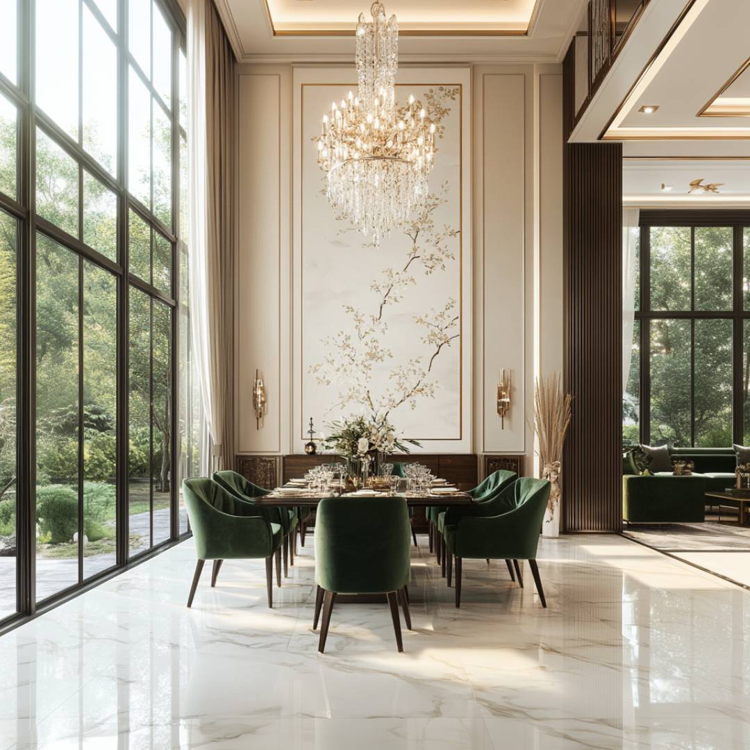 Dining Room Design with Contemporary Crystal Chandelier, Storage ...