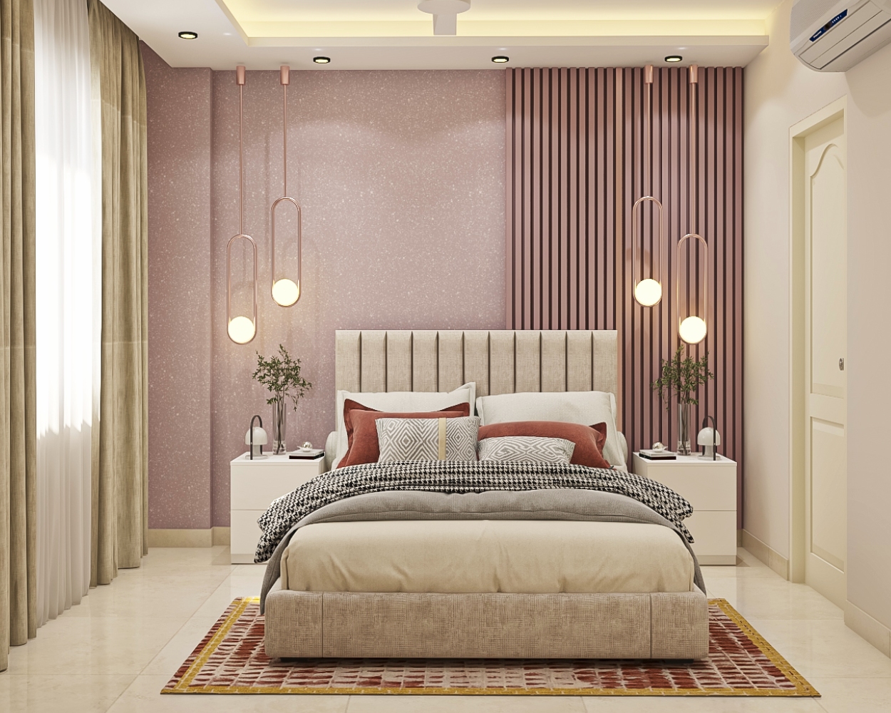 Guest Bedroom Design with Contemporary Pink Fluted Wall Panels and ...