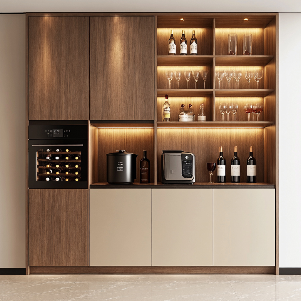 Home Bar Design with Contemporary Illuminated Open Shelves and Wine ...