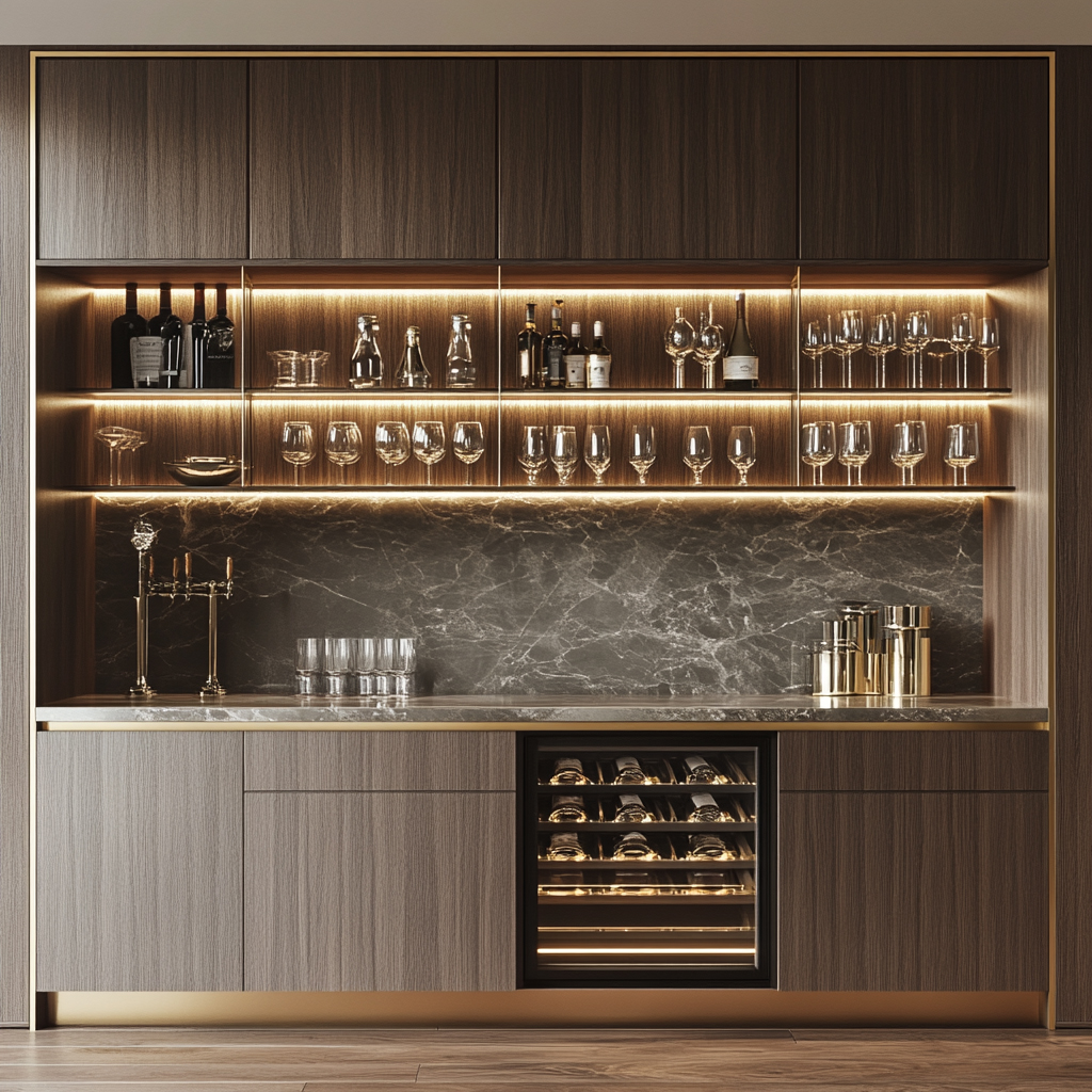 Home Bar Design with Contemporary Textured Veneer, LED Shelves, and ...