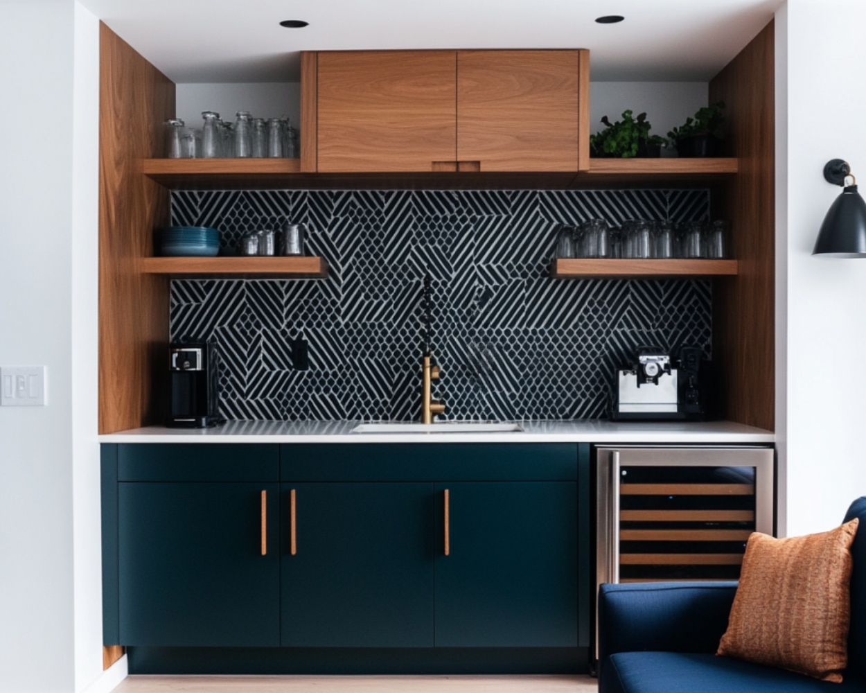 Home Bar Design with Modern Dark Cabinetry, Upper Shelves and Closed ...