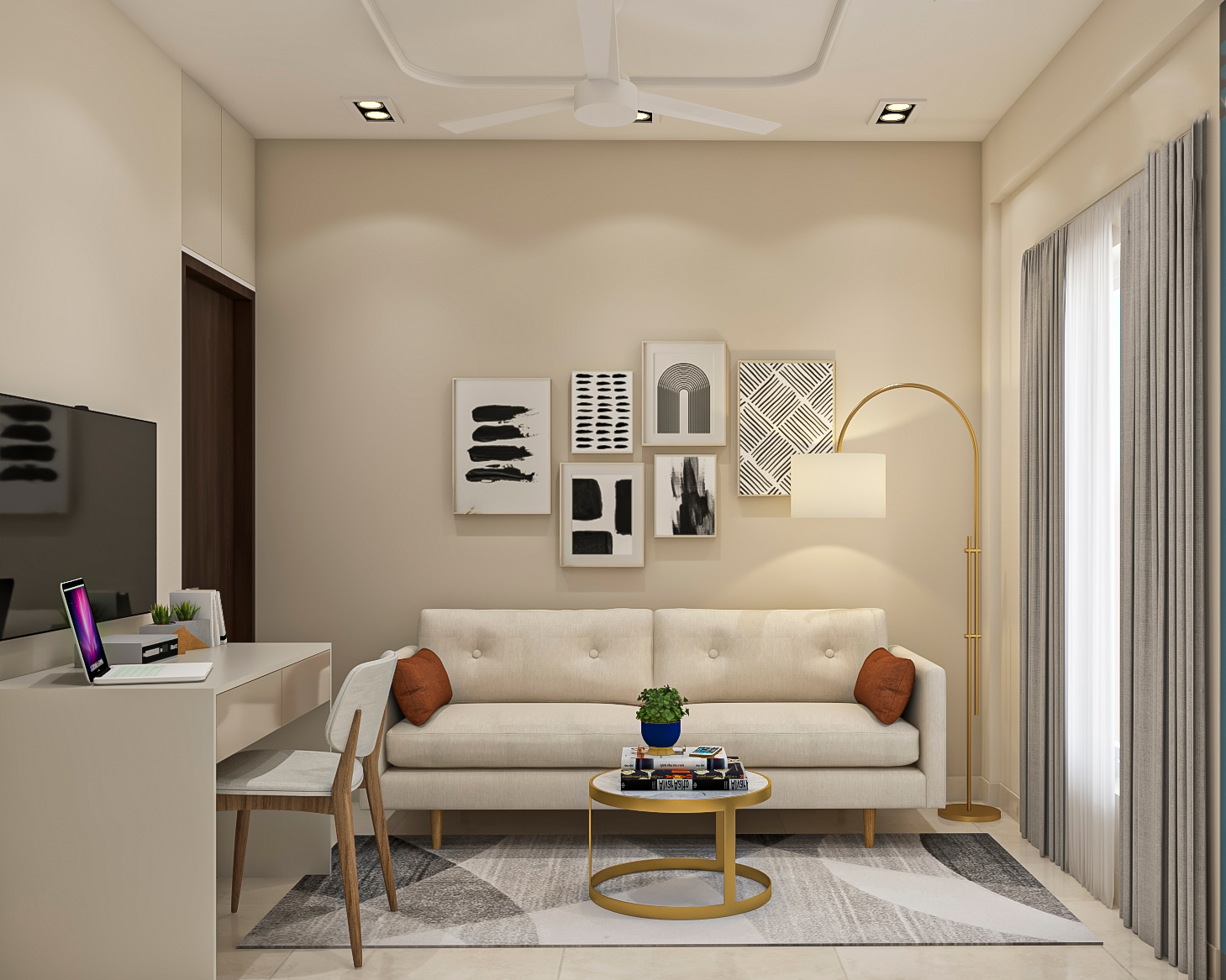 Picture of Home Office Design with Minimal Cream Sofa, Work Desk and Neutral Tone ...