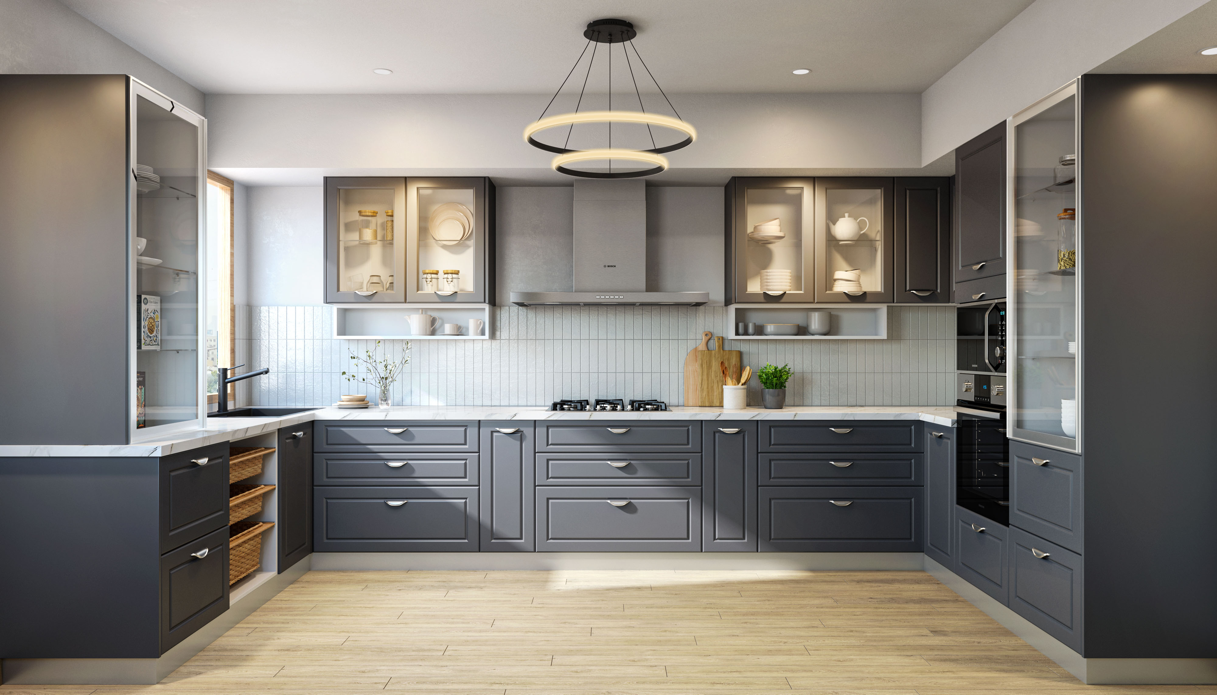 Grey U-Shaped Transitional Kitchen Design with Marble Countertop and ...