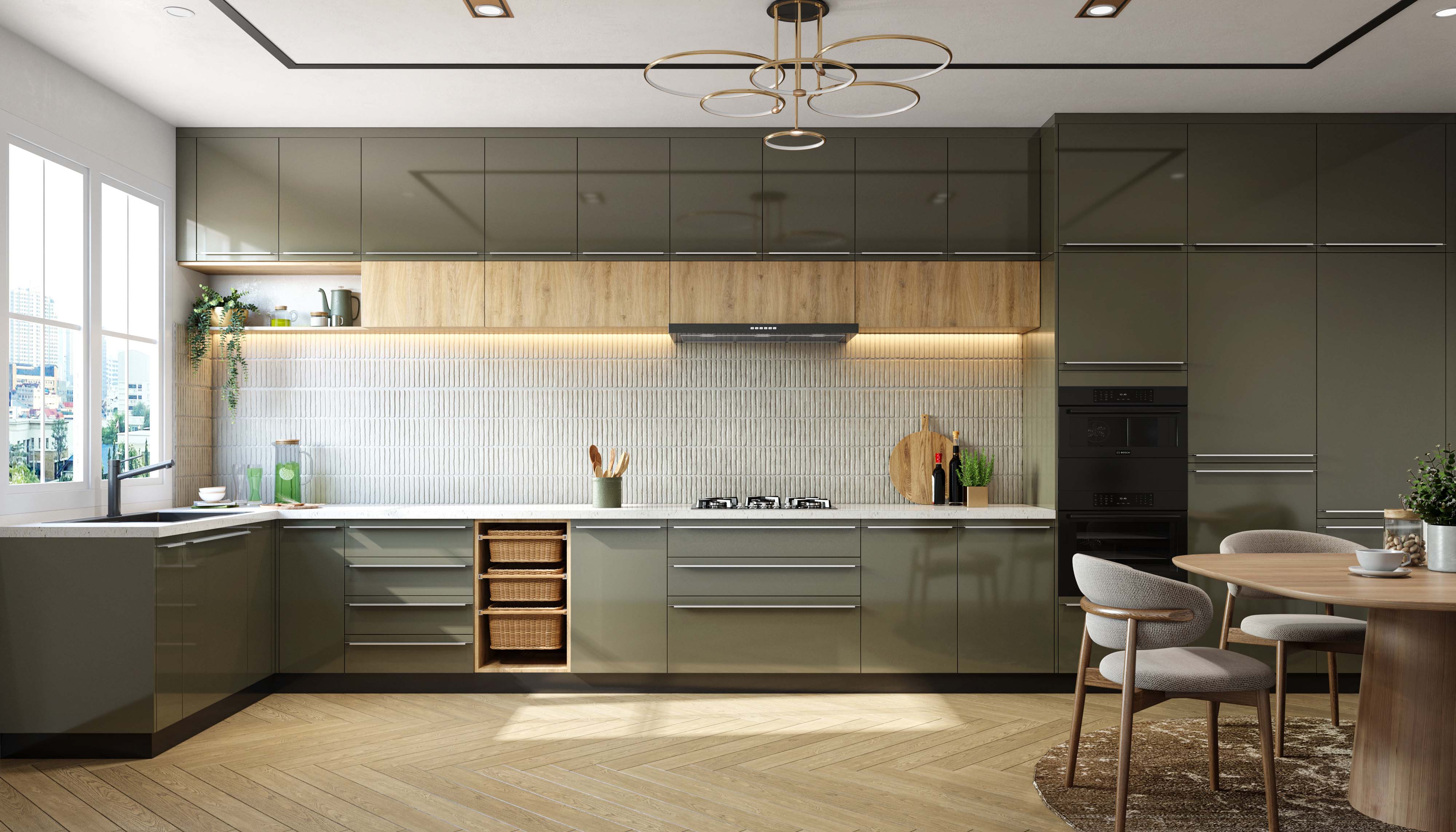 L-Shaped Modern Kitchen Design with Metallic Beige Cabinets and White ...