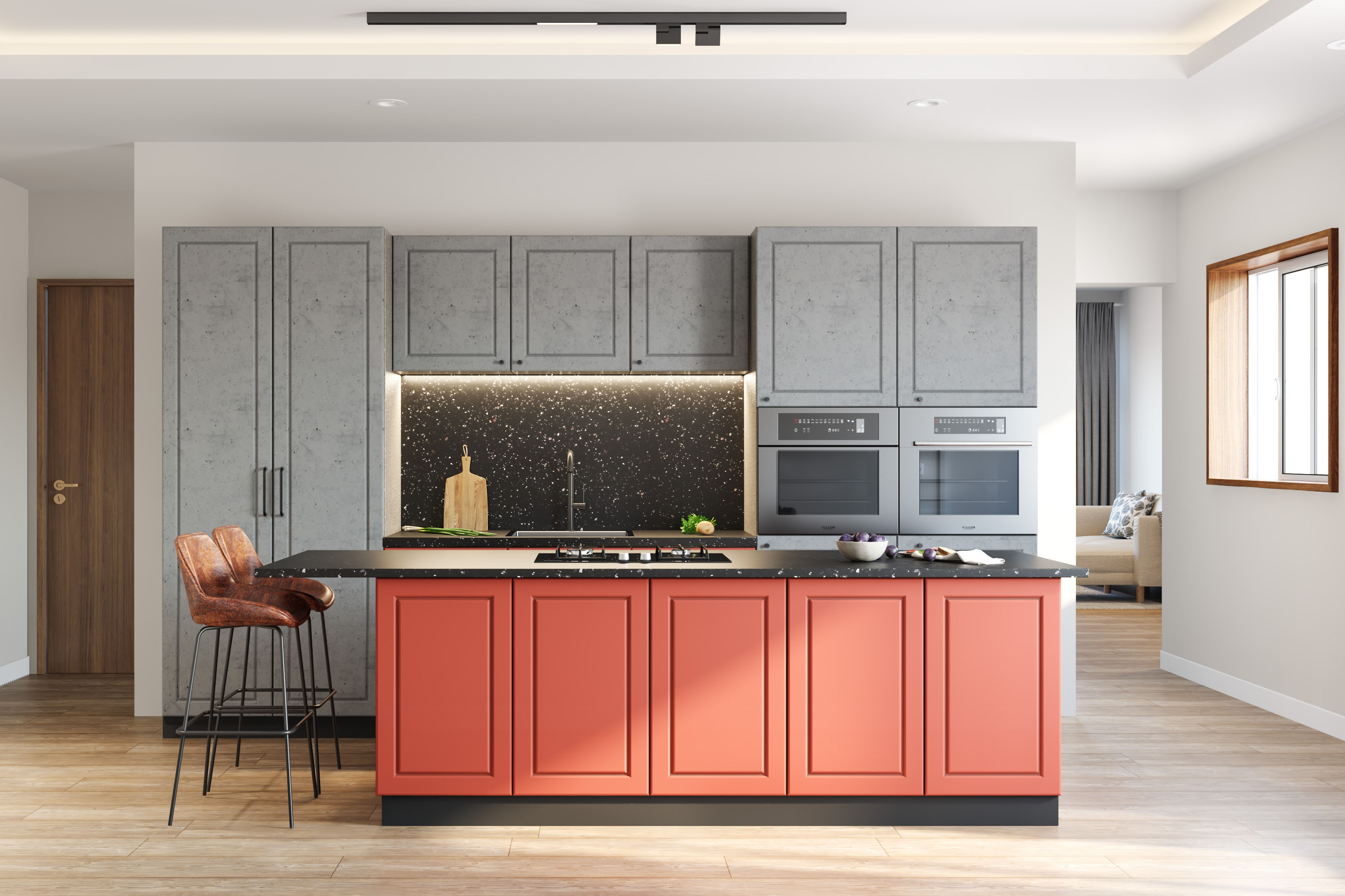 Matte-Finish Modern Island Kitchen Design with Sleek Black Granite ...