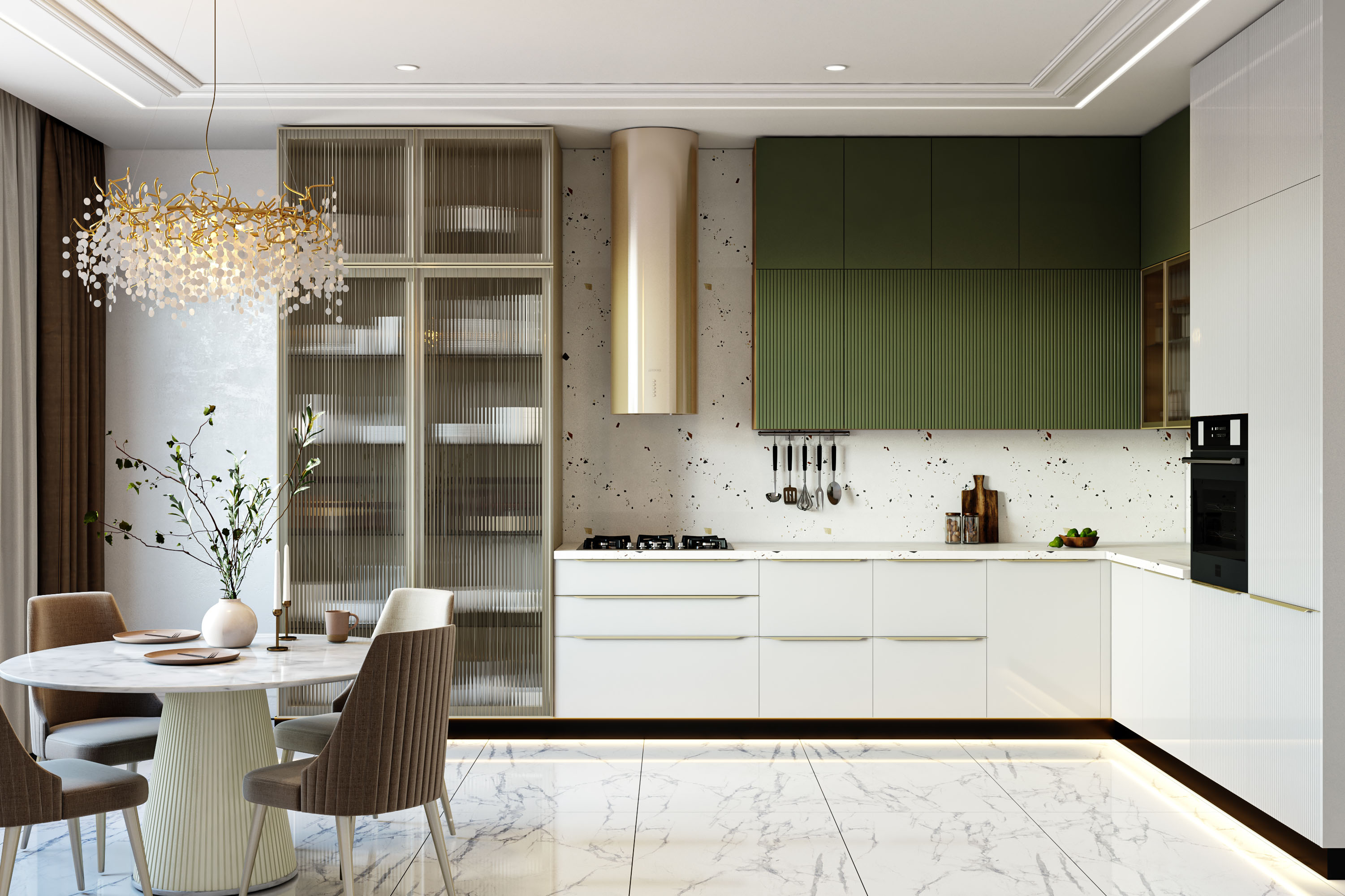 Modern Green and White L-Shaped Kitchen Design with Quartz Countertop ...