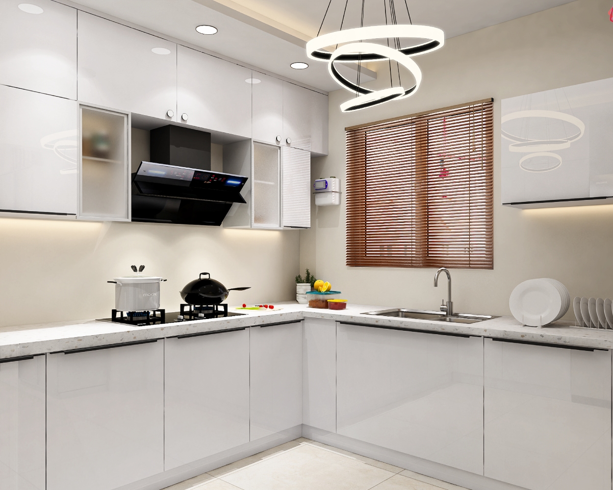 U-Shaped Modern Kitchen Design with Glossy White Cabinets and Premium ...