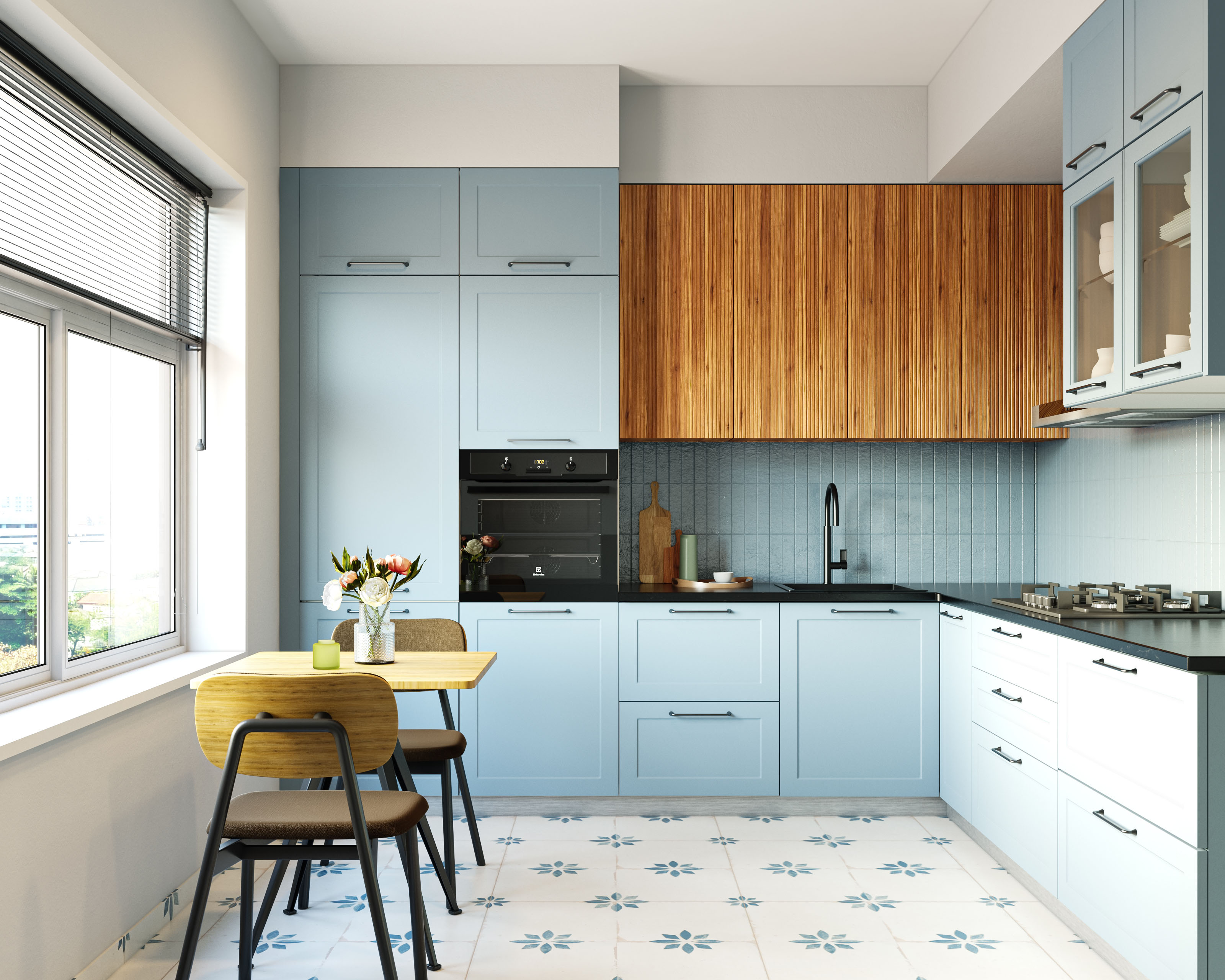 L-Shaped Kitchen Design with Modern Matte Blue Cabinets and Granite ...