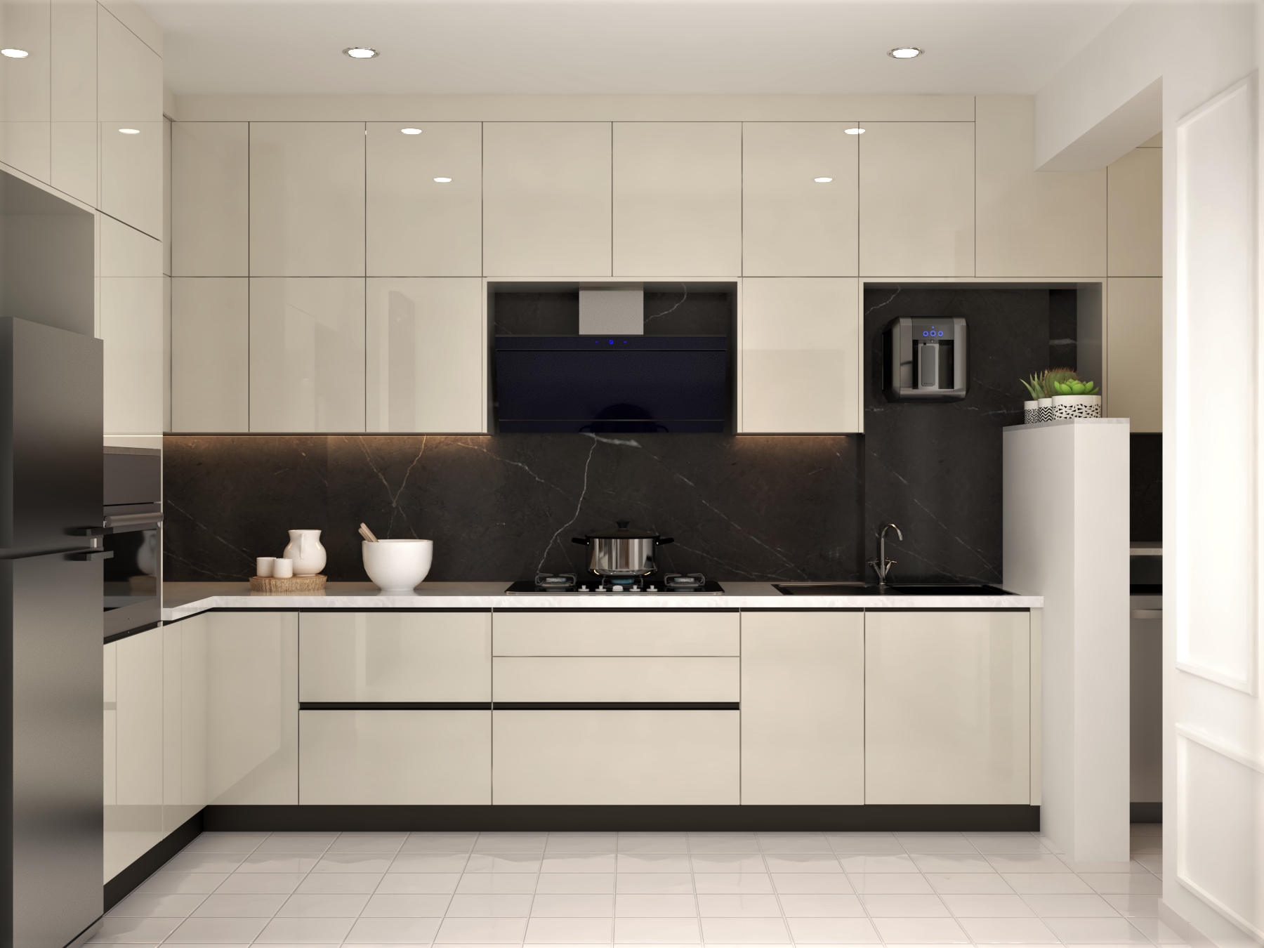 L-Shaped Modern Kitchen Design with Champagne Glossy Finish and Quartz ...
