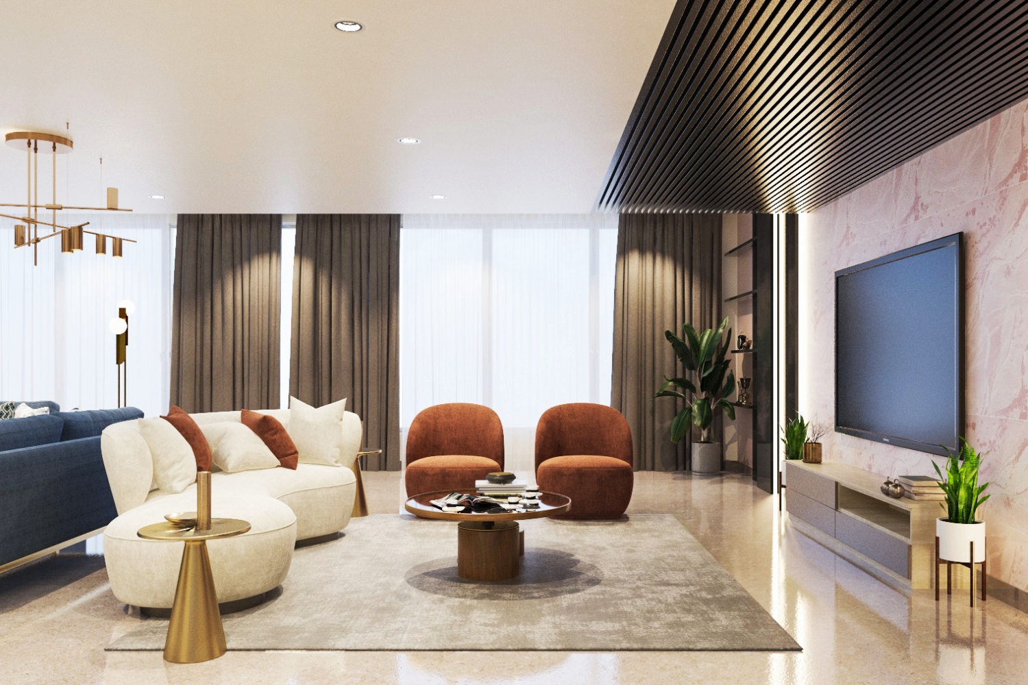 Living Room Design with Modern Comfortable Sofas, Coffee Tables, and ...