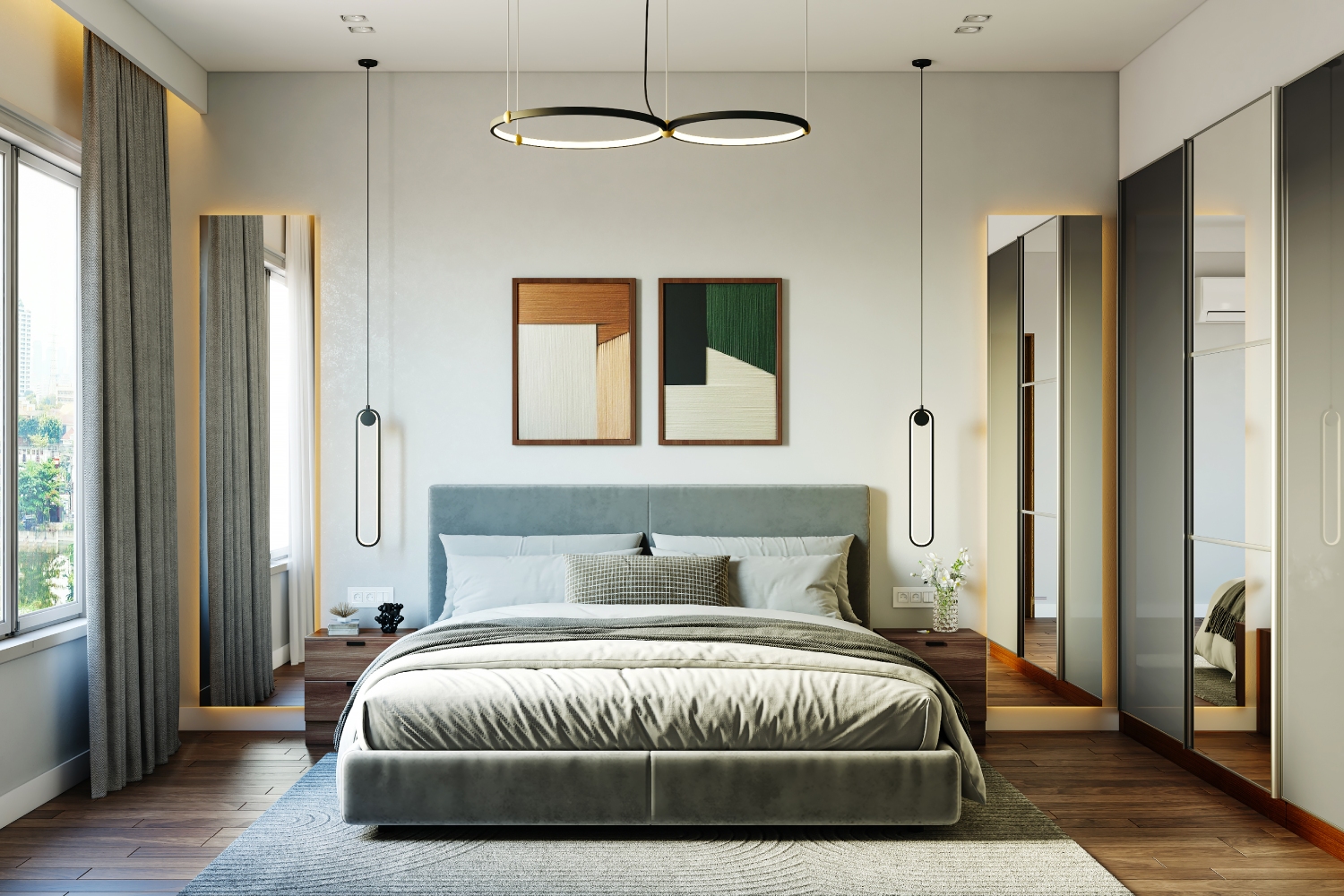 Master Bedroom Design with Modern Plush Grey Bed, Artistic Walls and ...