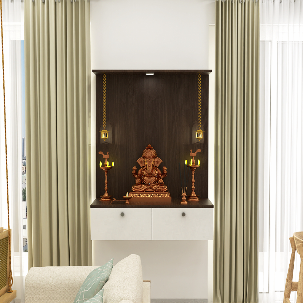 Modern White Wall-Mounted Pooja Unit Design with Drawers and Ganesha ...
