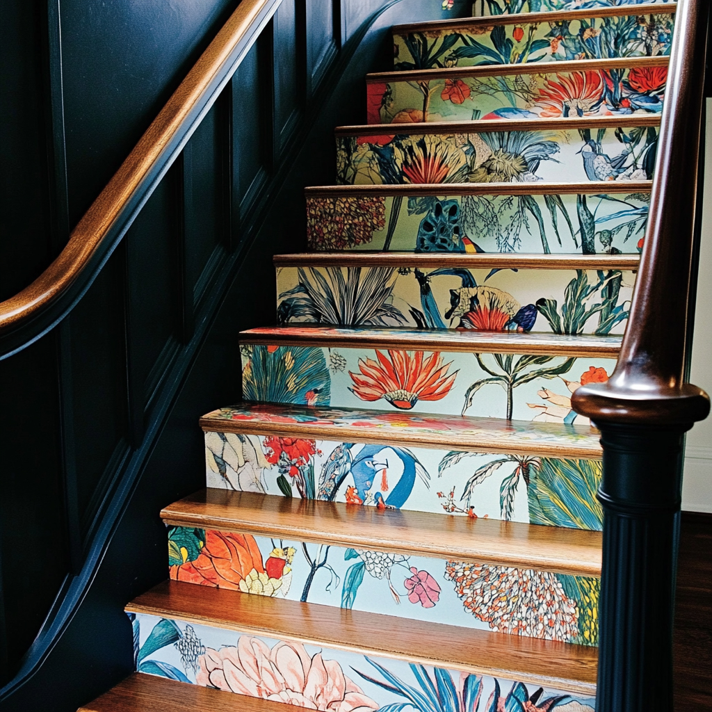Bohemian Straight Staircase Design with Nature-Print Wallpaper Risers ...