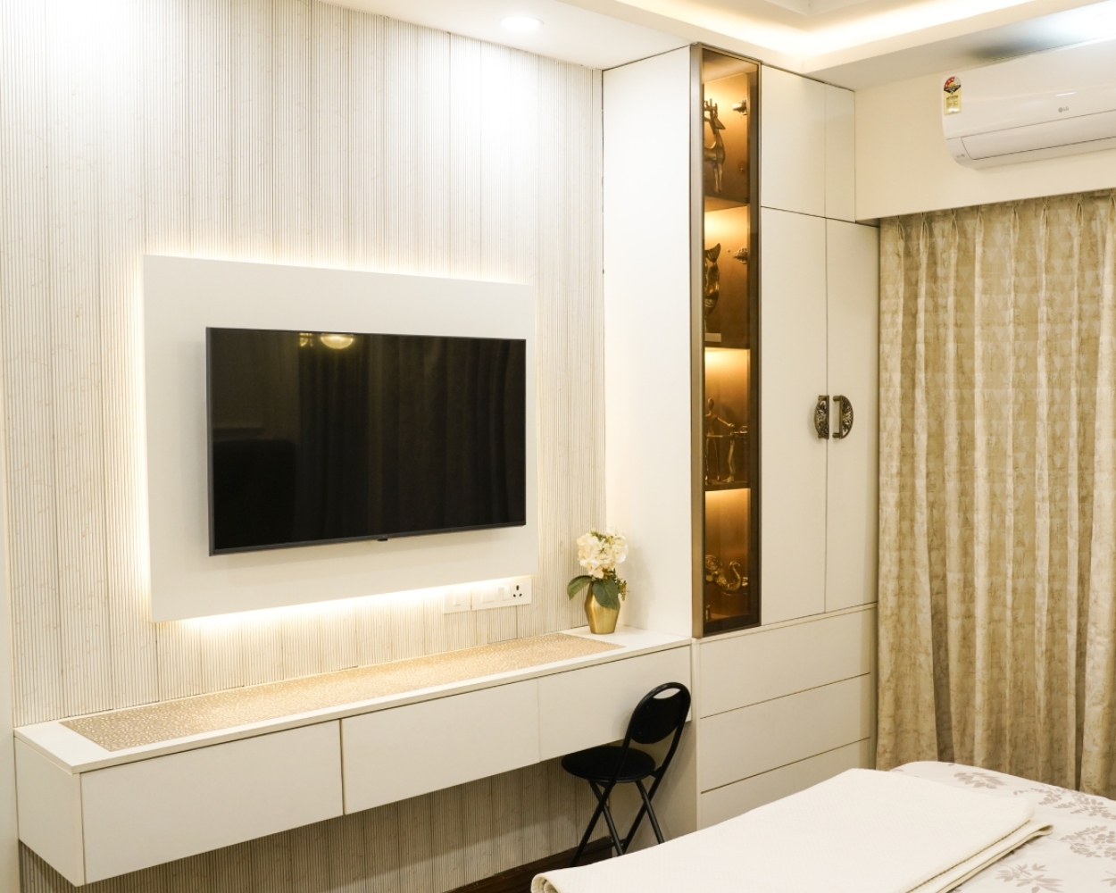 TV Unit Design with Modern Floating Console, Hidden Storage and Backlit ...