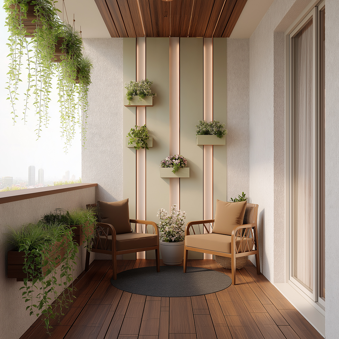 Contemporary Balcony Design with Vertical Panel Wall and Wooden ...