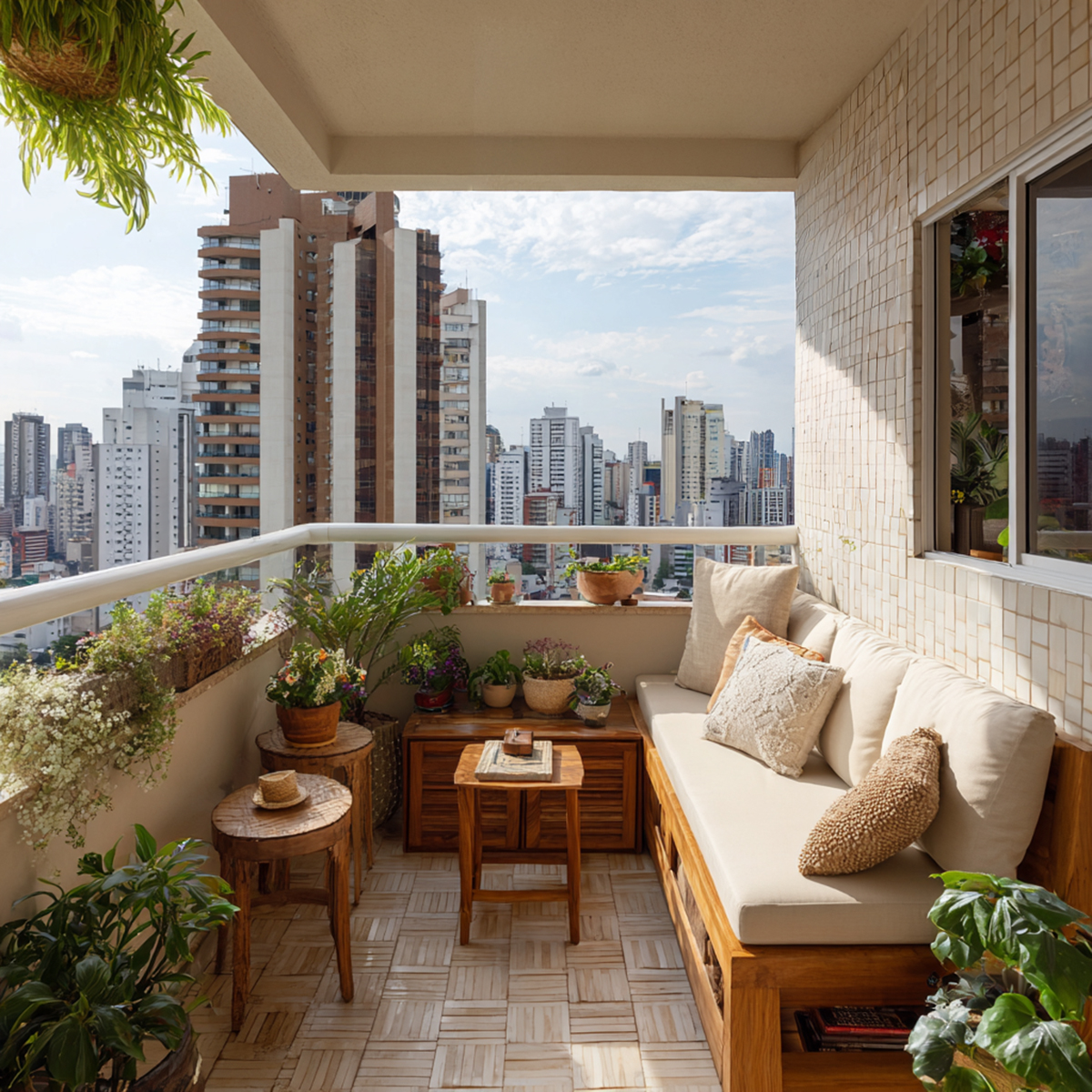 Bohemian Balcony Design with Built In Wooden Sofa Seating | Livspace