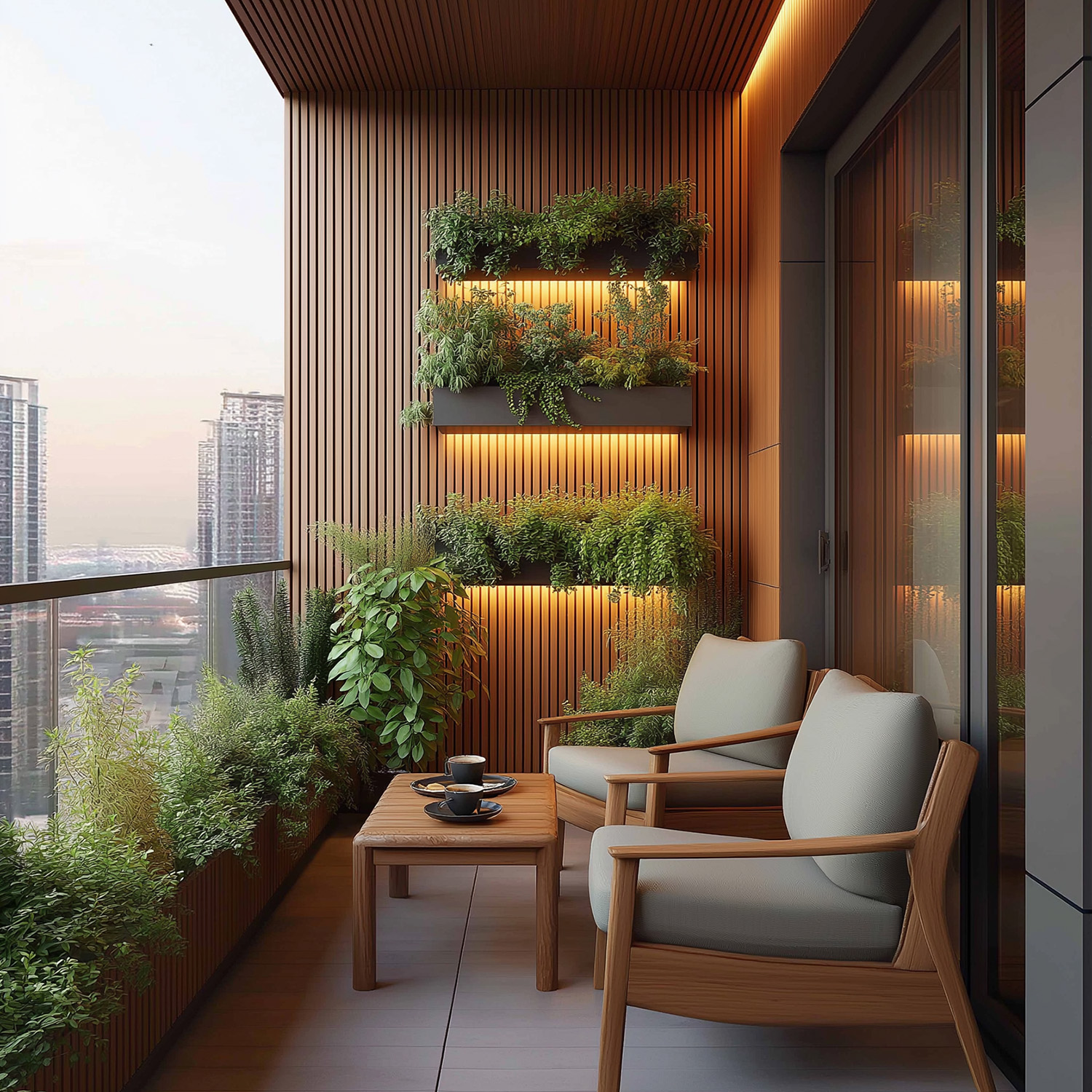 Modern Balcony Design With Wooden Vertical Slat Wall and LED Lighting ...