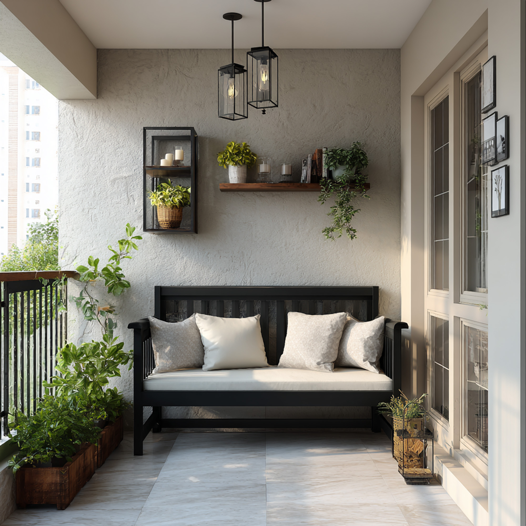 Modern Balcony Design with Textured Wall and Black Metal Shelves | Livspace