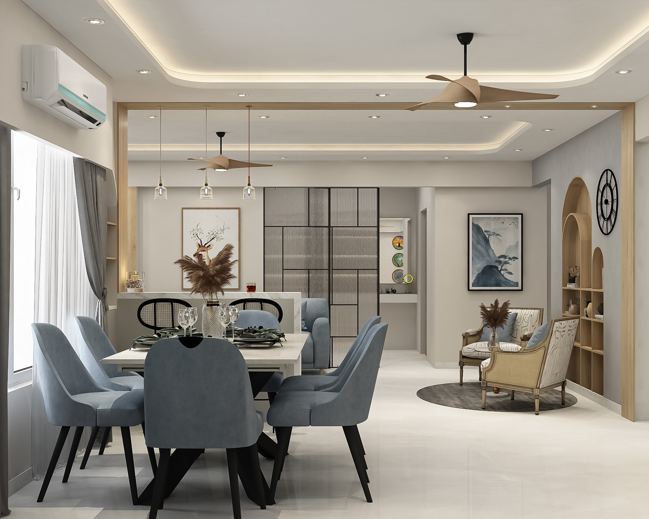 Contemporary Dining Room Design with Plush Blue Seating and Built-In ...