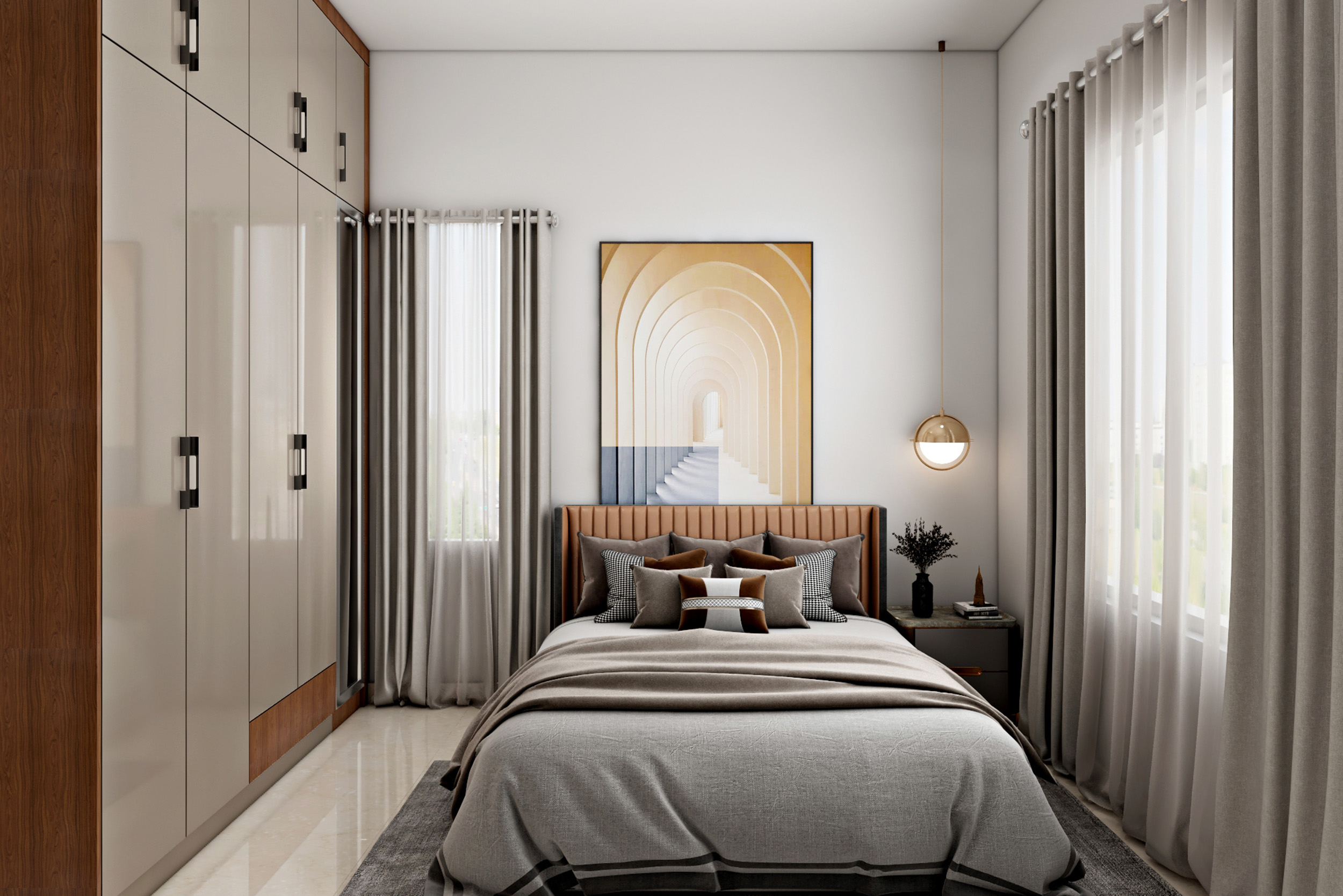 Contemporary Fluted Headboard Guest Bedroom Design with Glossy Wardrobe ...