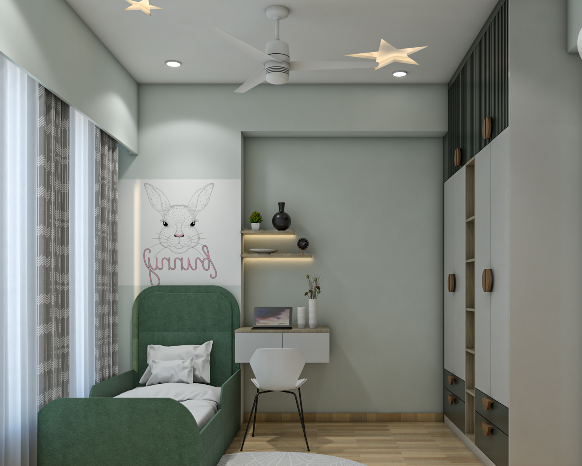 Contemporary Bunny Theme Kids Bedroom Design with Study Unit | Livspace