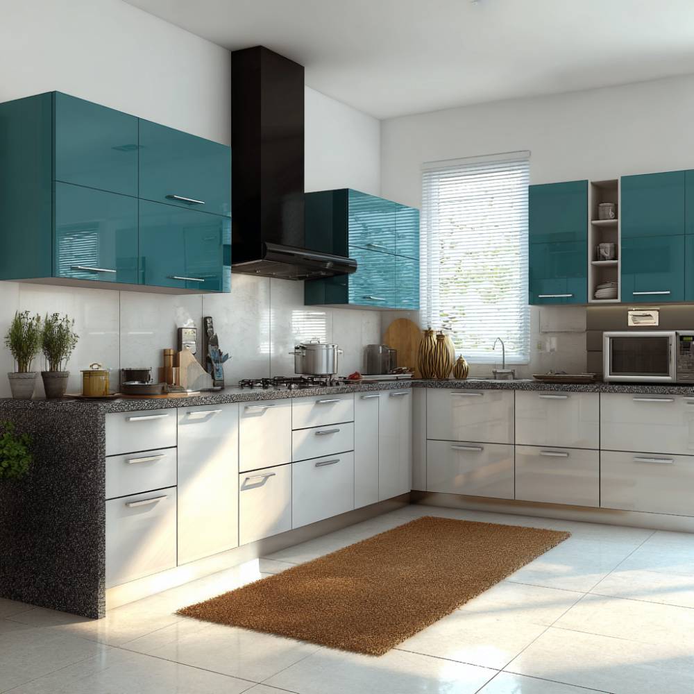 L-Shaped Modern Kitchen Design with Grey Cabinets and Wine Storage ...