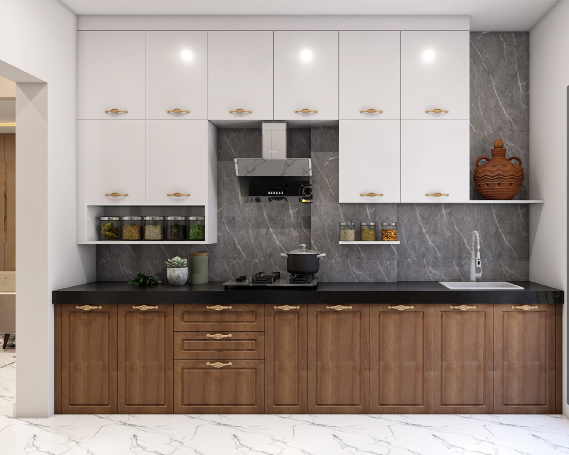 Classic Open Kitchen Design with Warm Wood and White Cabinets and ...