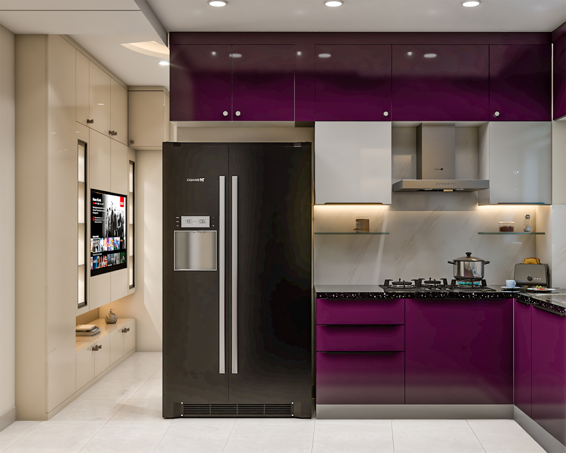 U-Shaped Contemporary Kitchen Design with Aubergine and White Cabinets ...