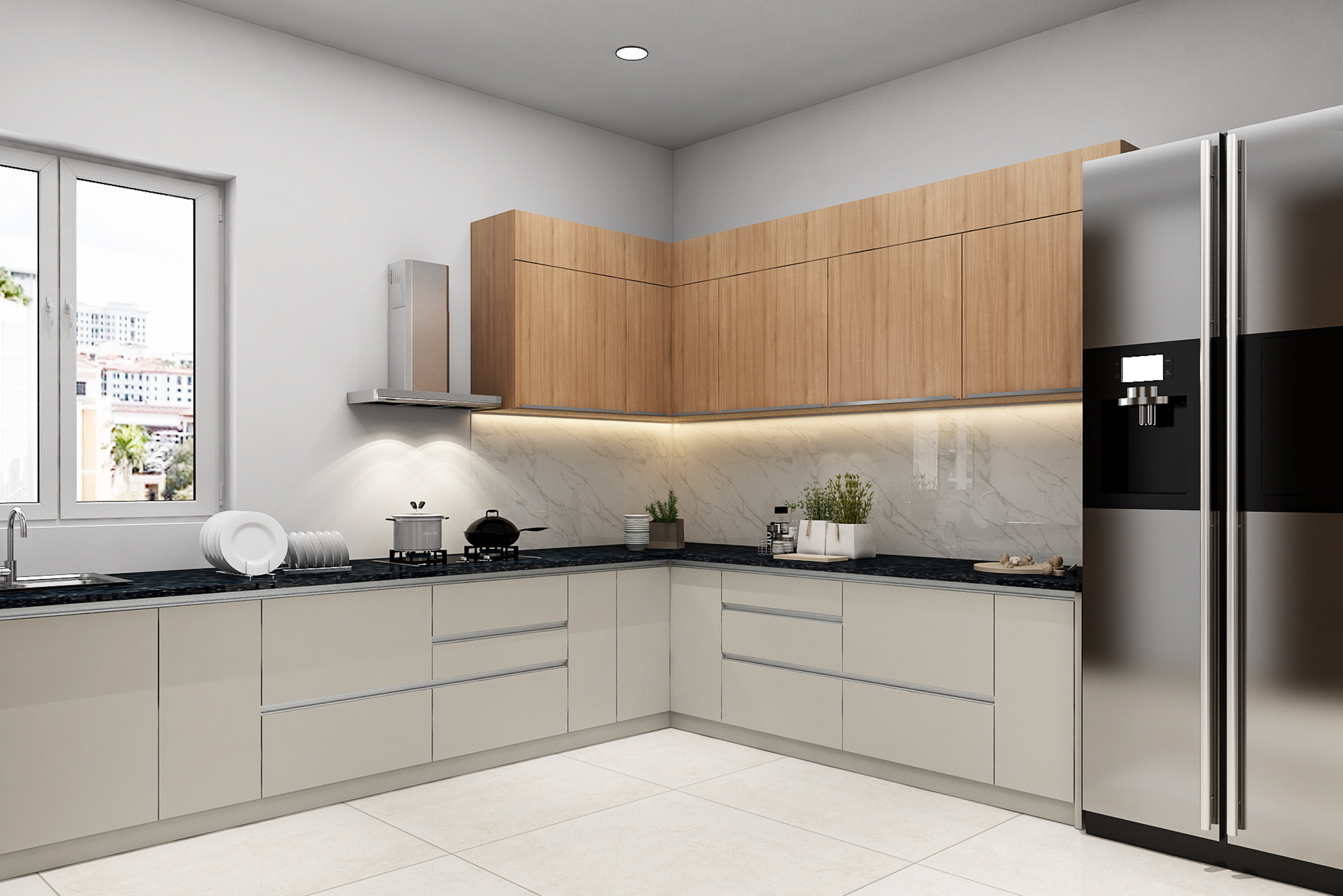 L-Shaped Modern Kitchen Design with Glossy Champagne and Matte Teak ...
