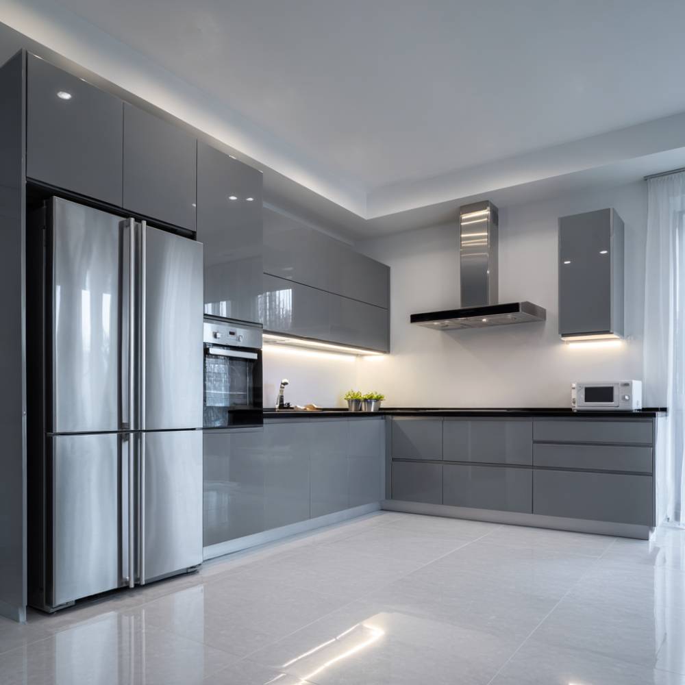 L-Shaped Contemporary Kitchen Design with Turquoise Base and Mosaic ...