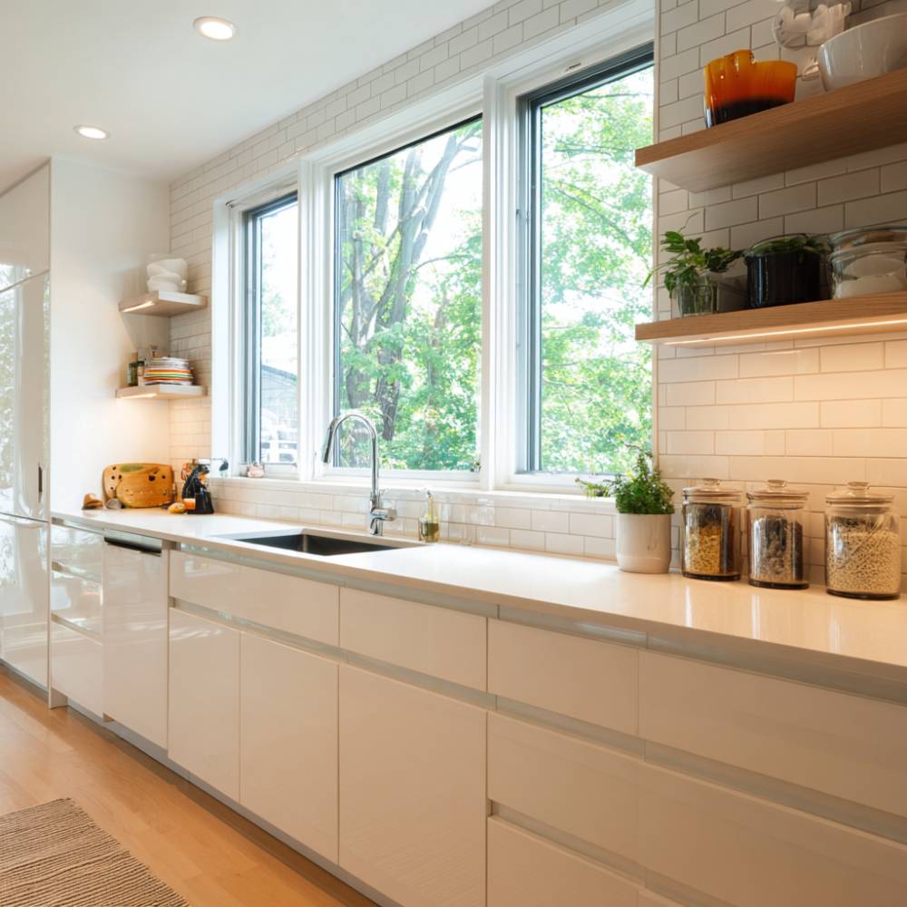 White Modern Open Kitchen Design with Glossy Cabinets and Quartz ...