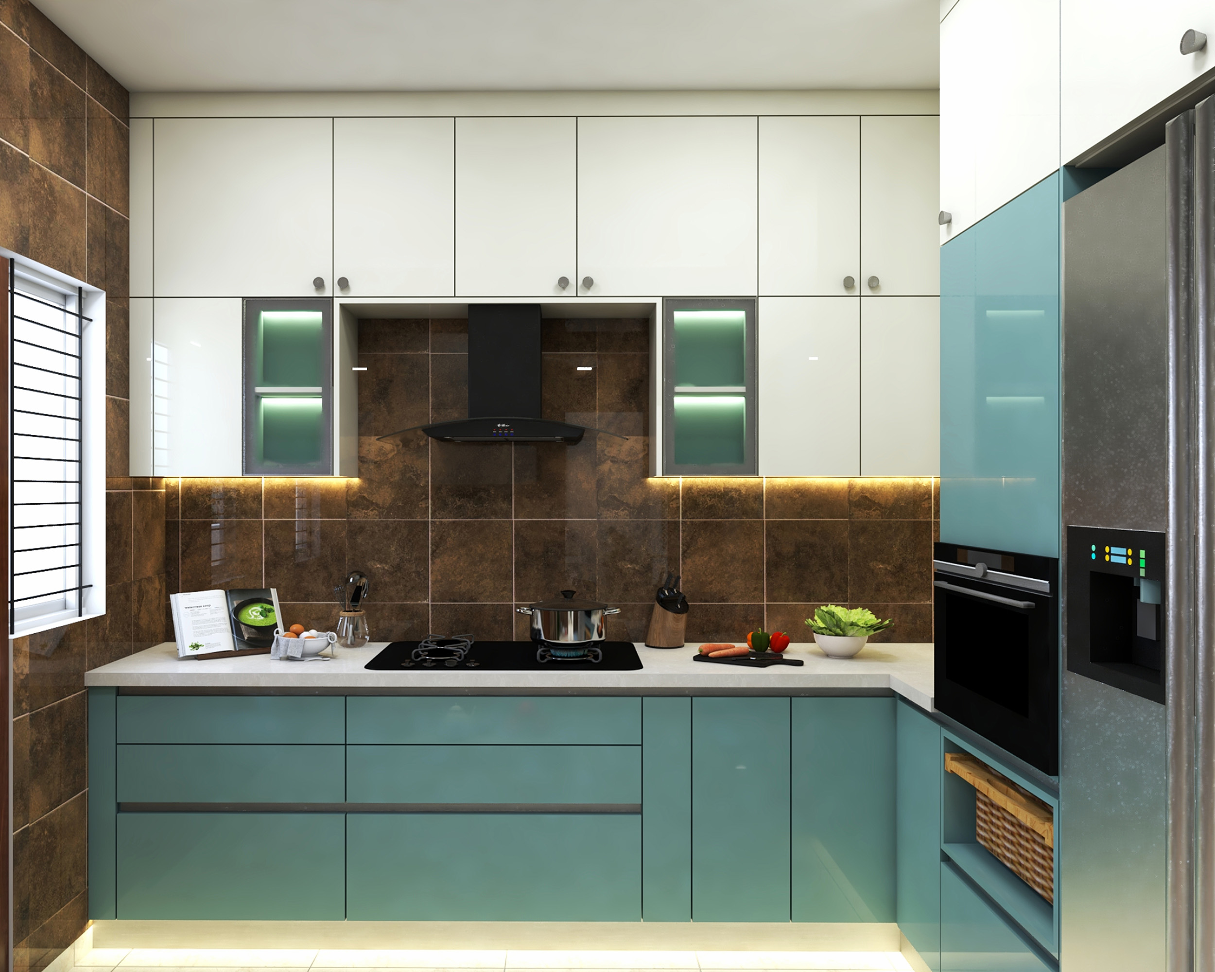L-Shaped Contemporary Kitchen Design With Blue and White Cabinets ...
