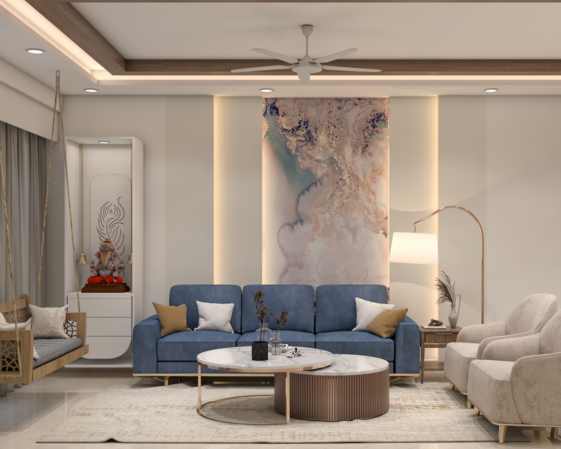 Living Room Design with Contemporary Blue Sofa, Marble Feature Wall and ...