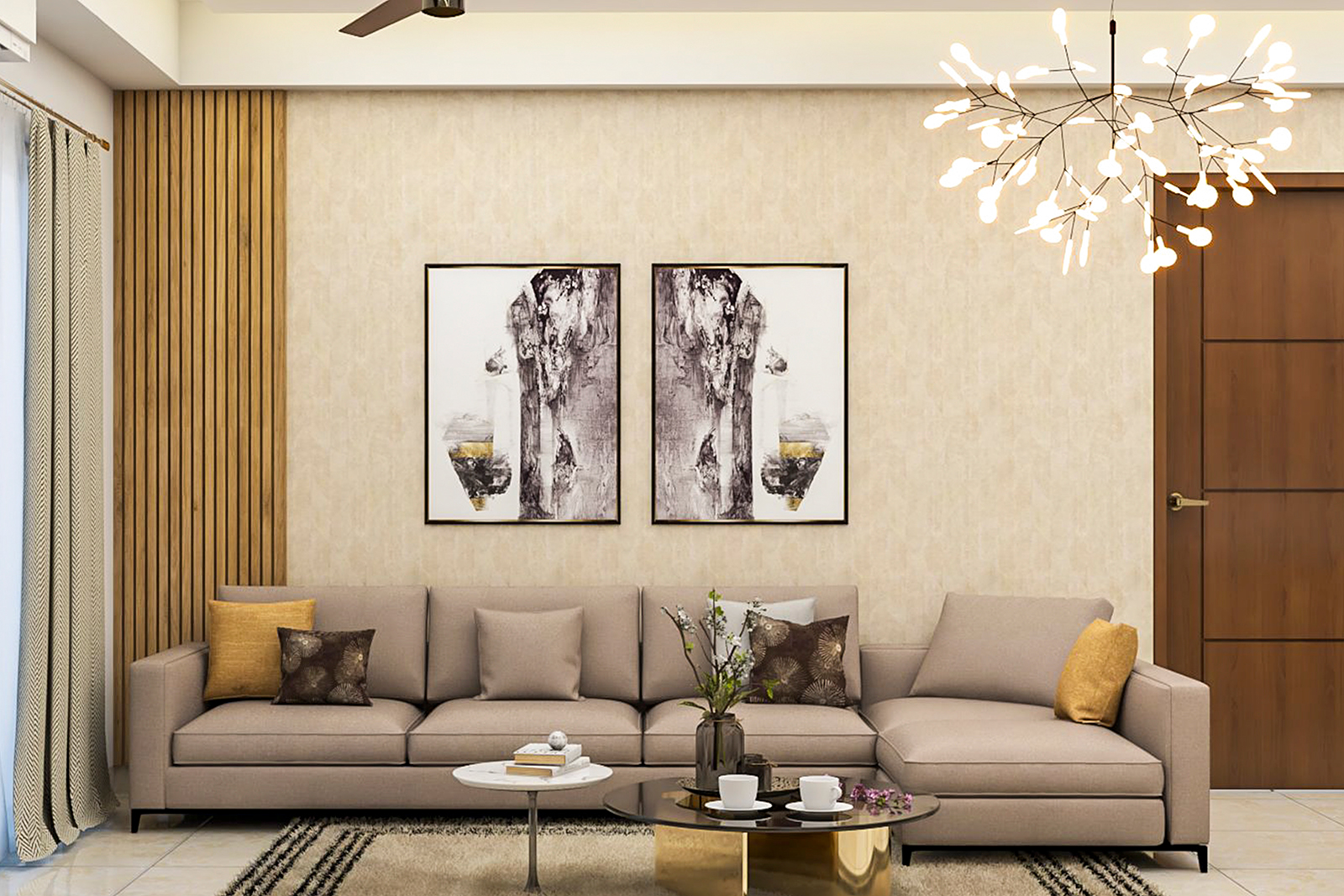 Modern Living Room Design with Beige L-Shaped Sofa and Gold Coffee ...