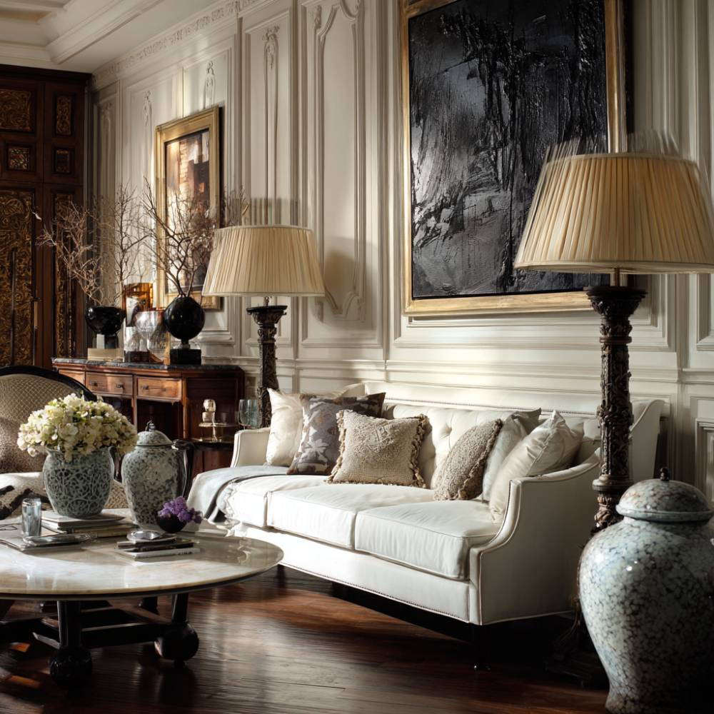 Contemporary Living Room Design with 3-Seater Curved Sofa and Classic ...