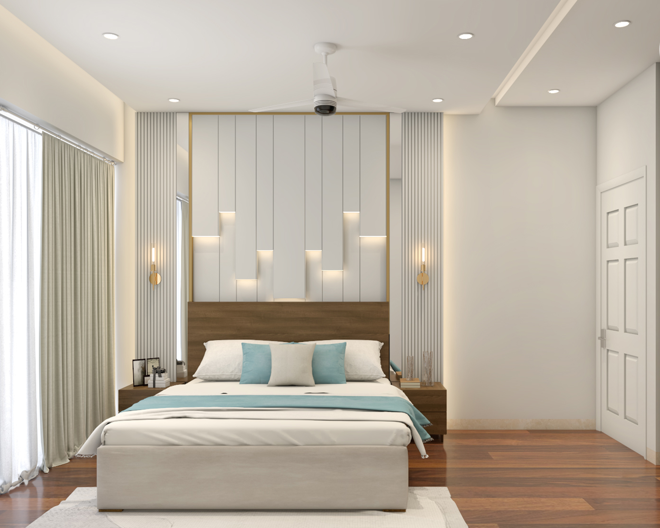 Contemporary Master Bedroom Design with Wooden Bed and Wood Panel Wall ...