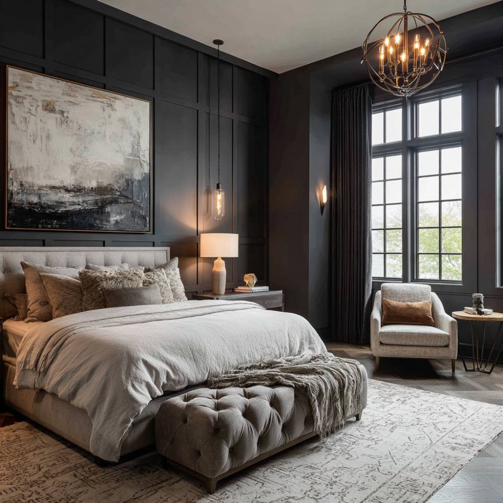 Dark Grey Modern Wall Paint Design with Charcoal Textured Panel ...