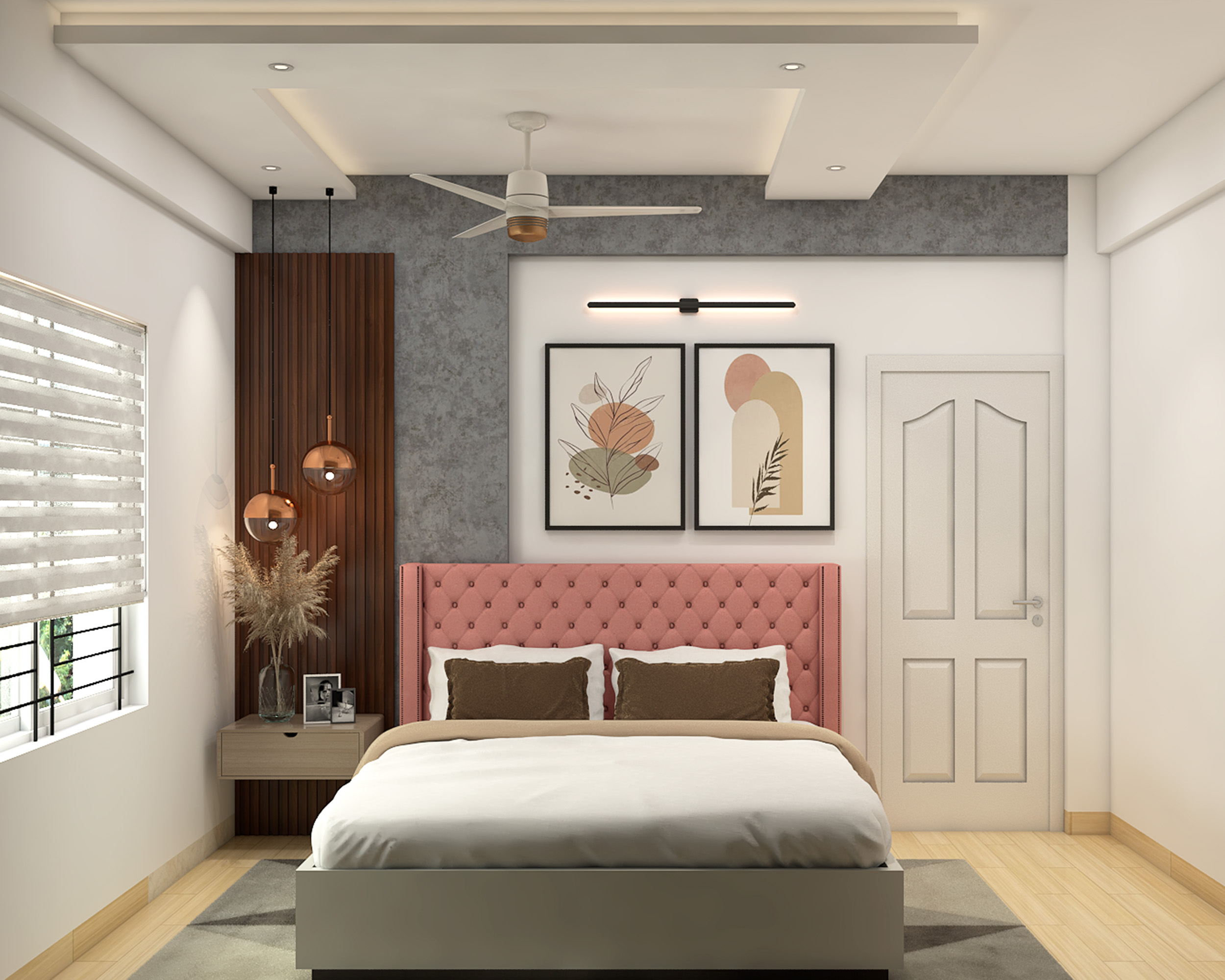 Contemporary Blush Master Bedroom Design with Floating Bedside Unit ...